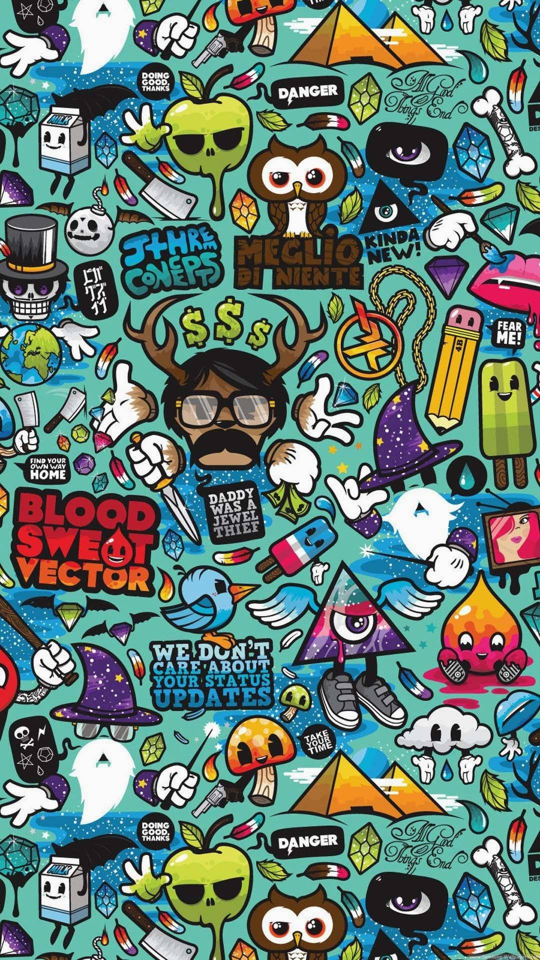 iPhone X, cartoon graffiti, teal background, Full HD Phone Wallpaper