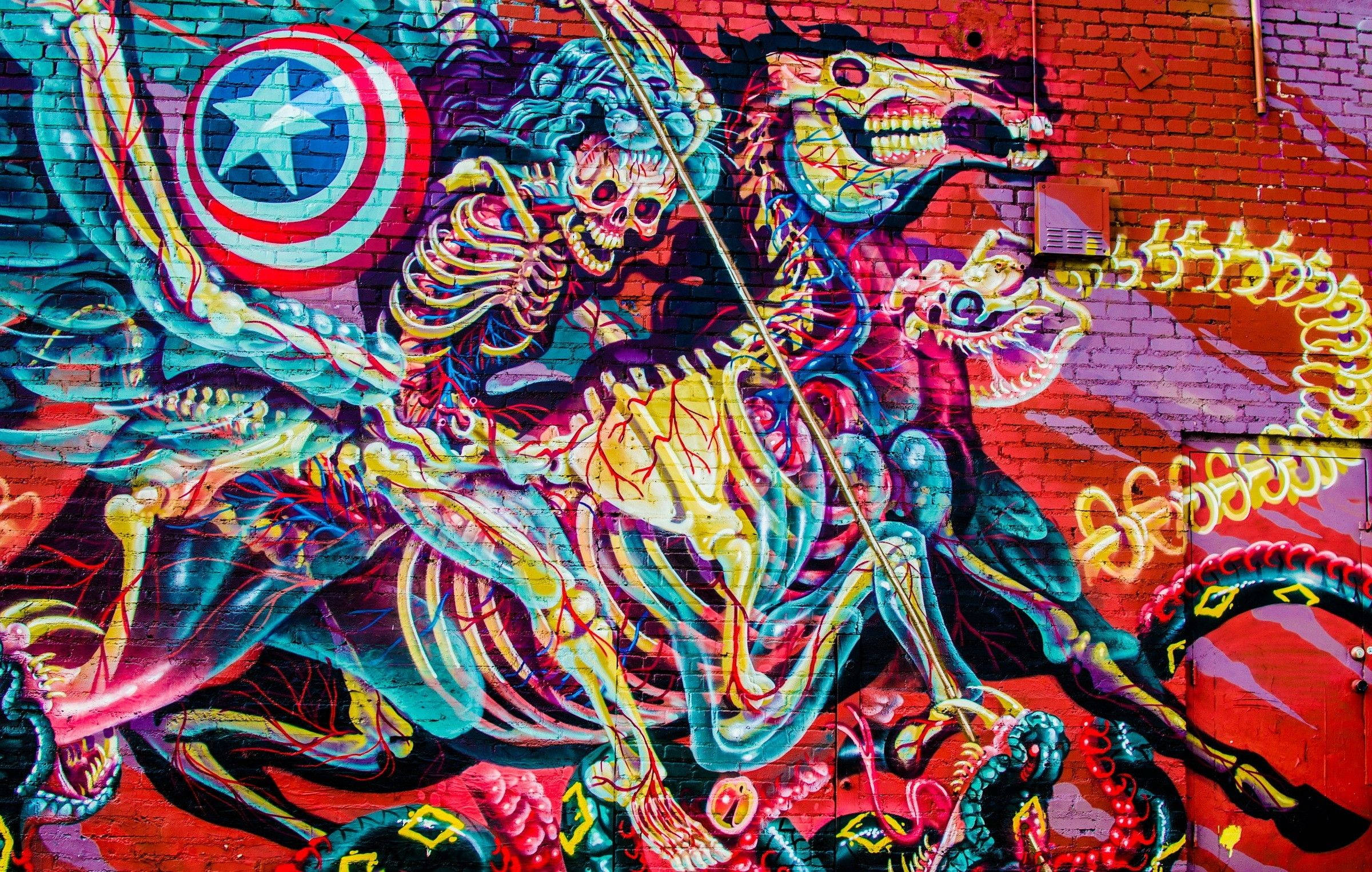 skeleton, horse, graffiti mural, Full HD Desktop Wallpaper