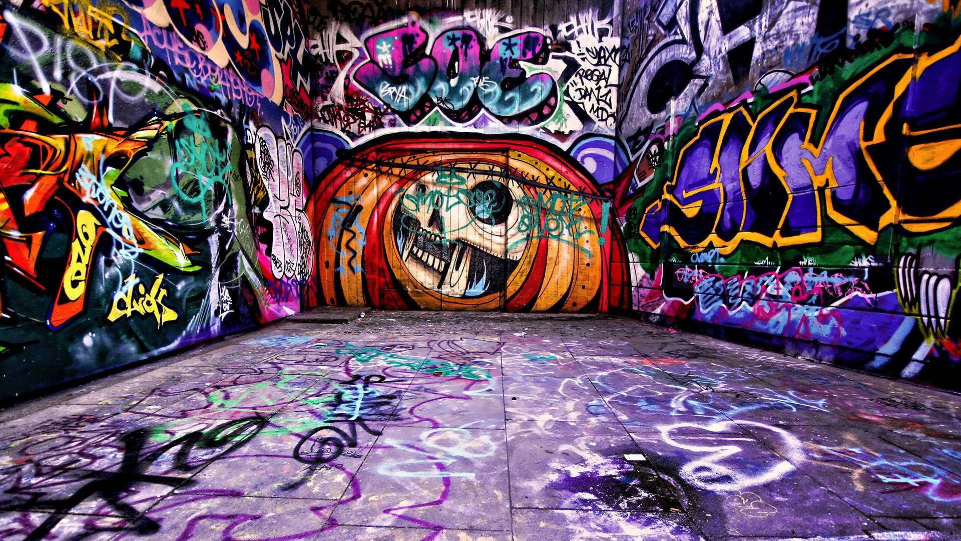 skull mural, concrete tunnel, vibrant graffiti, Full HD Desktop Wallpaper