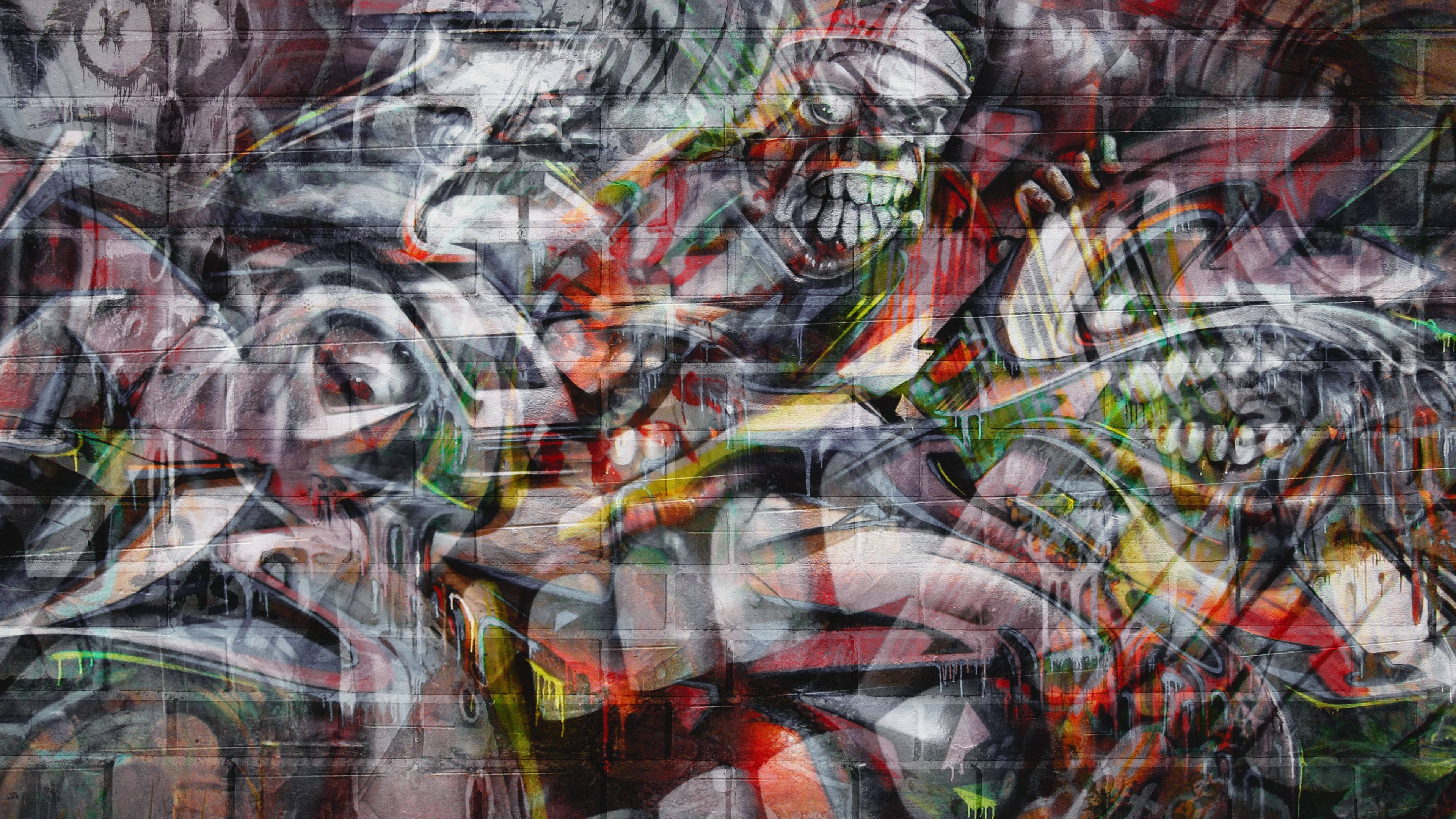 Men Fight Illusion, graffiti mural, brick wall, 4K Desktop Wallpaper
