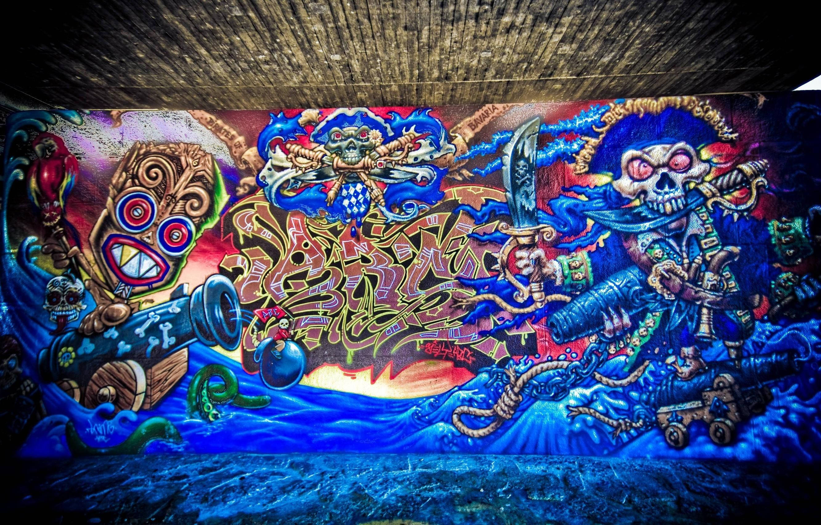 pirate battle, graffiti mural, pirate skulls, 2K Desktop Wallpaper