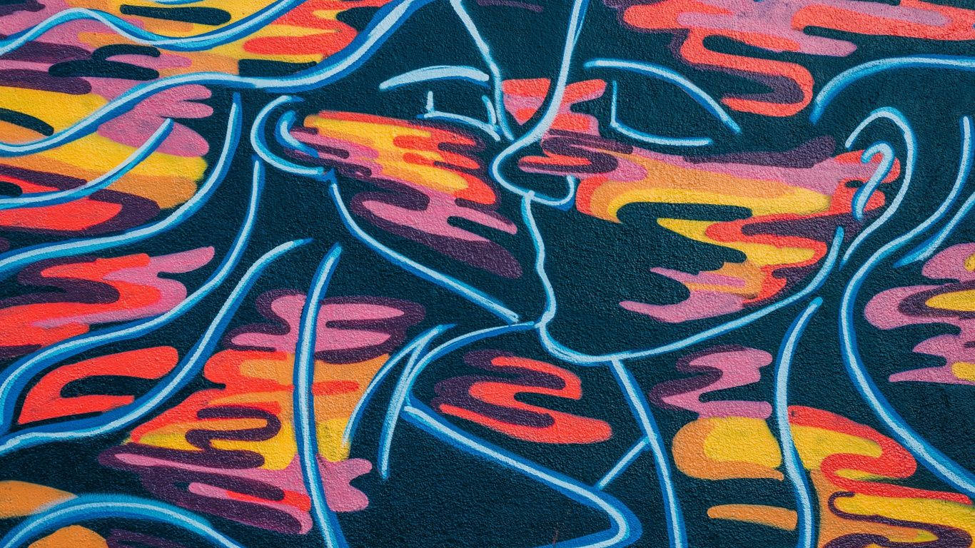 colorful couple kissing graffiti laptop, vibrant abstract graffiti art, swirling neon colors, HD Desktop Wallpaper