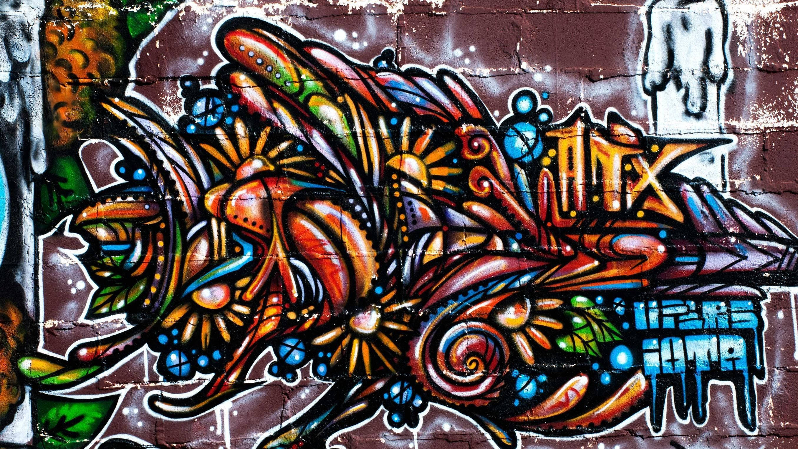 graffiti, flowers, laptop, 2K Desktop Wallpaper