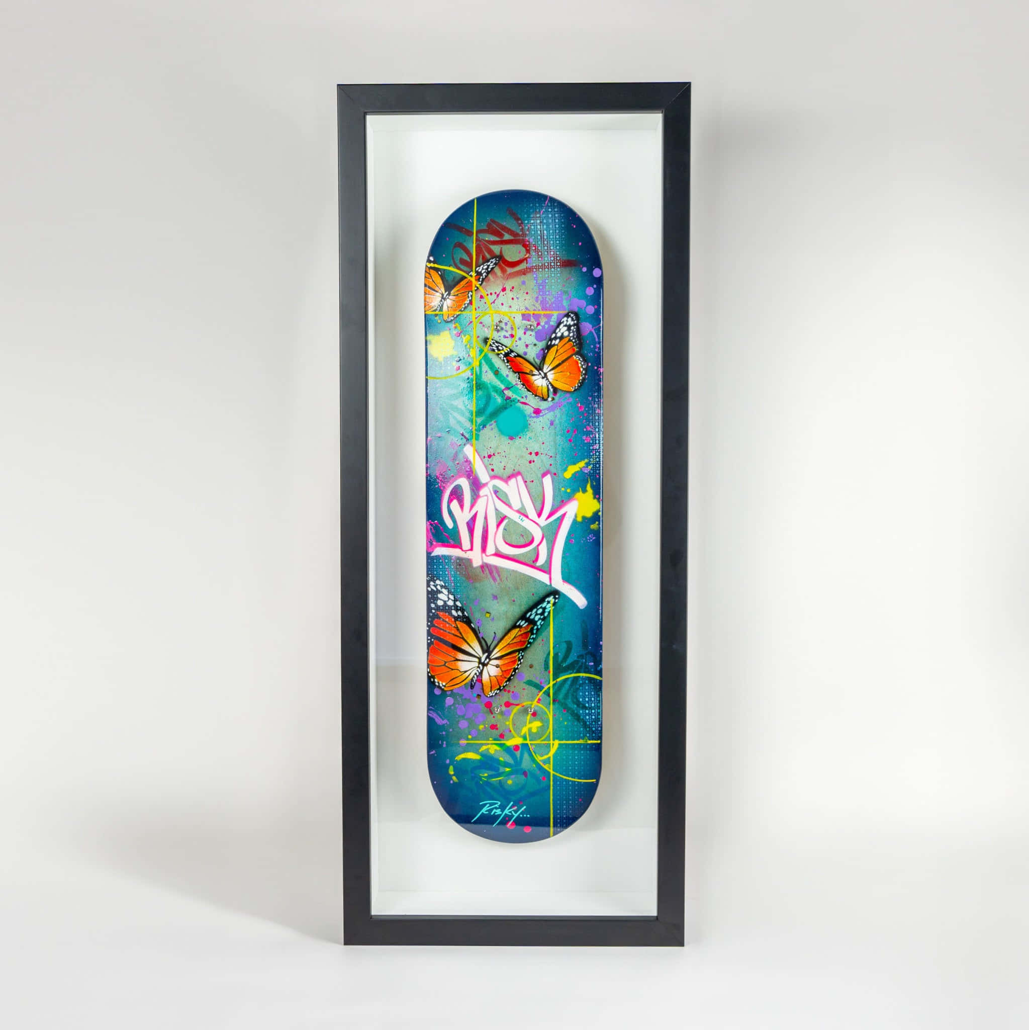 graffiti art skateboard, orange butterflies, black frame, Full HD Phone Wallpaper