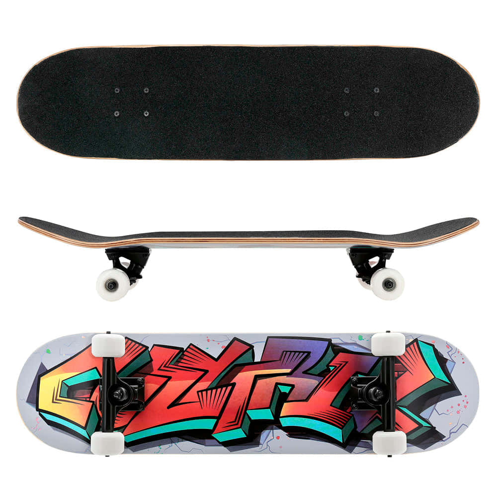 graffiti design skateboard deck, vibrant graffiti-style lettering, black grip tape, SD Desktop Wallpaper