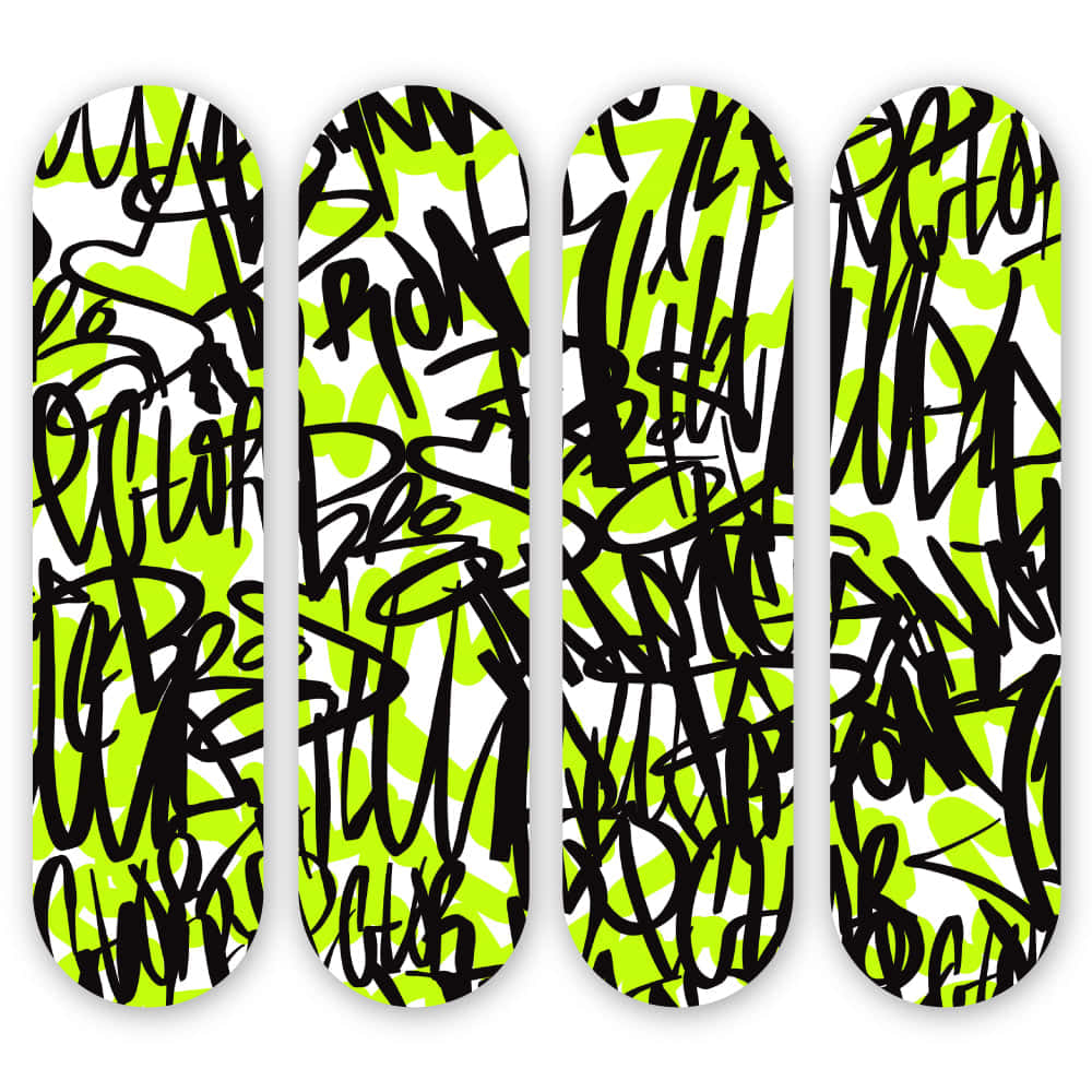 graffiti art skateboard decks, black graffiti-style scribbles, bright lime green background, SD Desktop Wallpaper