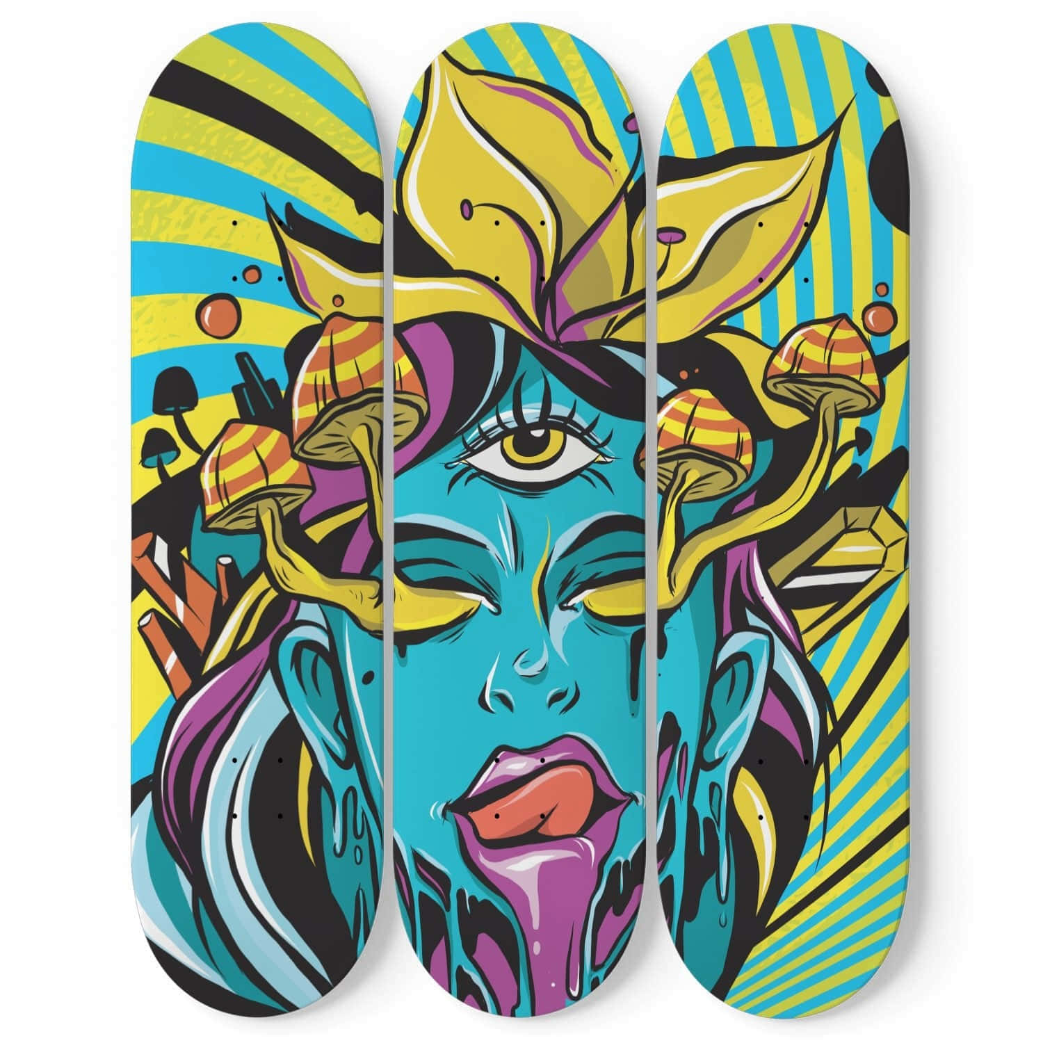 vibrant graffiti art skateboard decks, surreal blue-faced figure, mushroom hair, HD Desktop Wallpaper