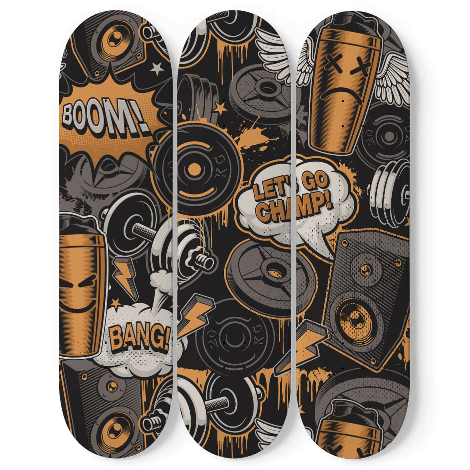 graffiti art skateboard deck design, comic-style graphics, dumbbells, HD Desktop Wallpaper