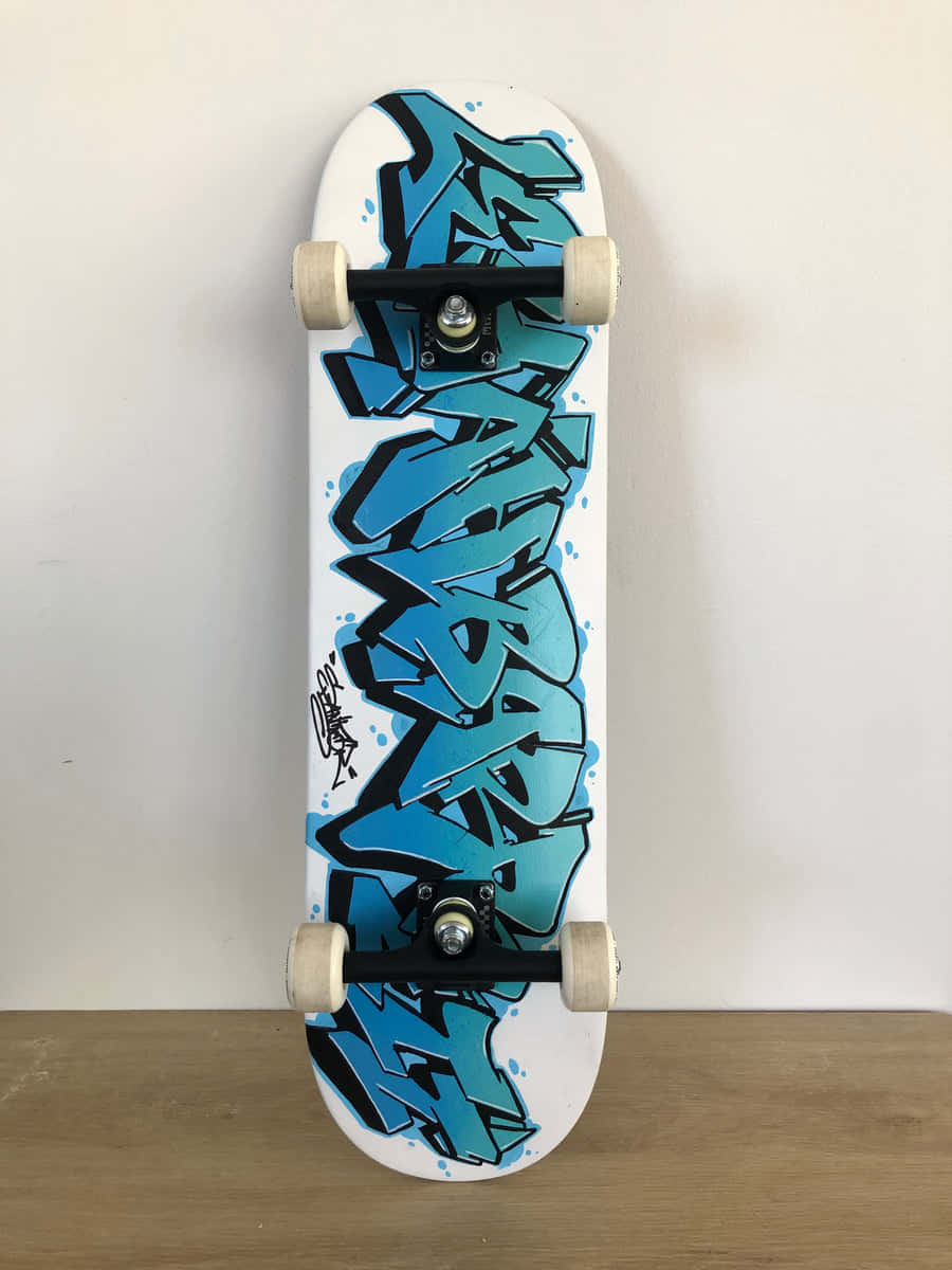 blue graffiti art, skateboard, plain wall, SD Phone Wallpaper