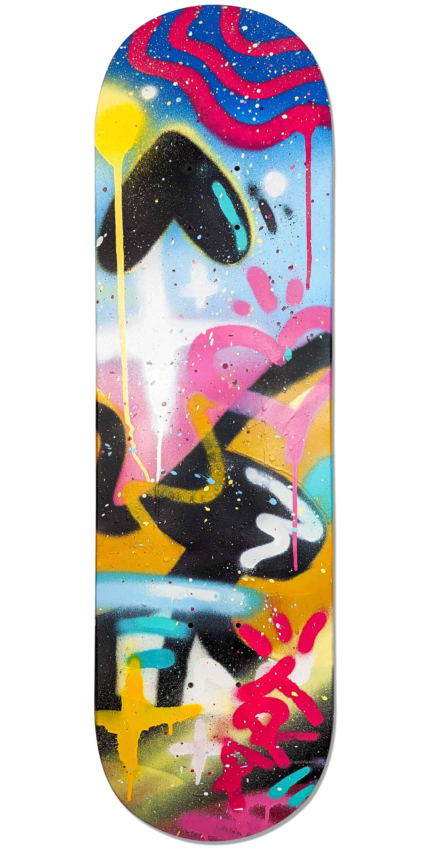colorful graffiti skateboard deck, vibrant graffiti art, dripping paint splatters, 2K Phone Wallpaper