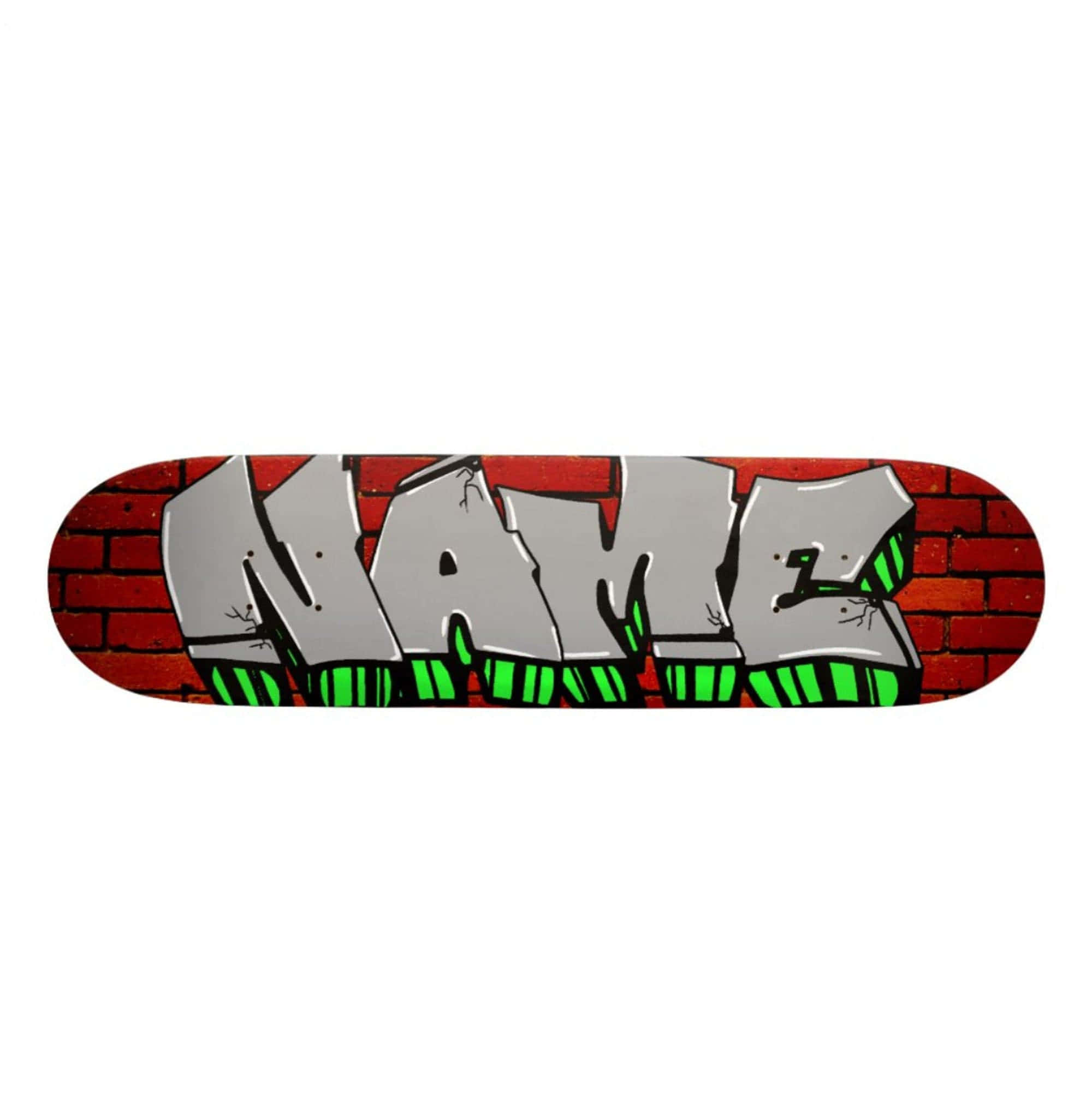 graffiti style skateboard deck, silver graffiti letters, red brick wall background, Full HD Phone Wallpaper