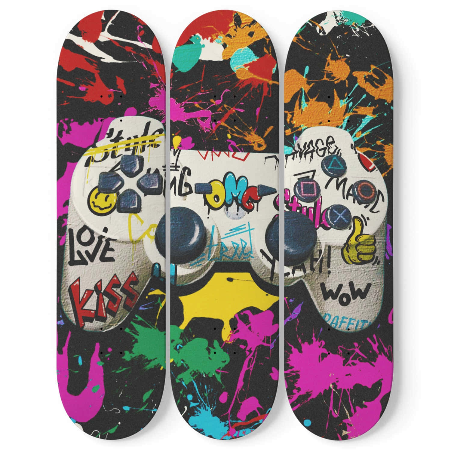 colorful graffiti skateboard decks, graffiti-style game controllers, colorful paint splatters, HD Desktop Wallpaper