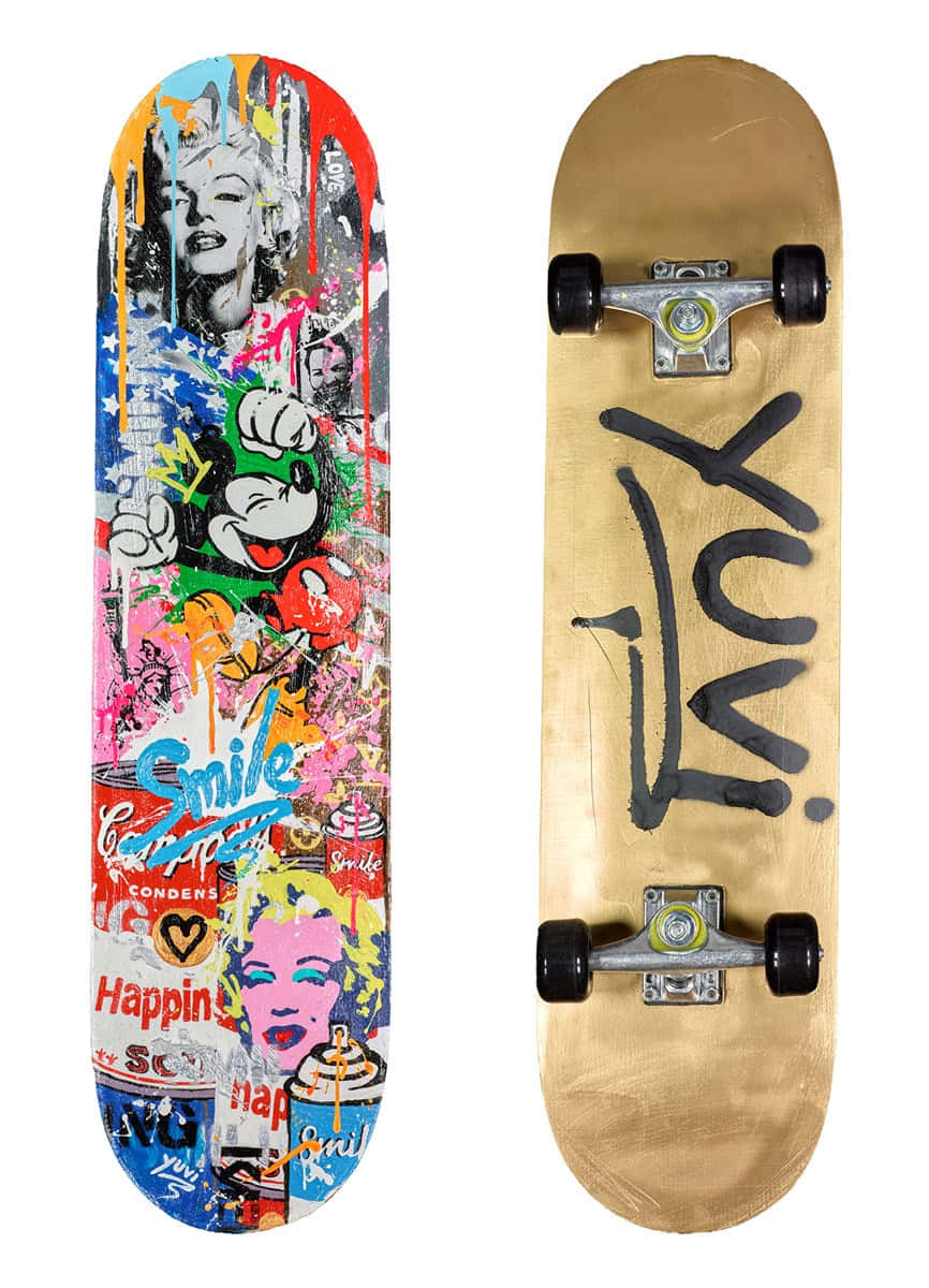 graffiti art skateboard deck, vibrant graffiti-covered deck, pop art icons, SD Phone Wallpaper