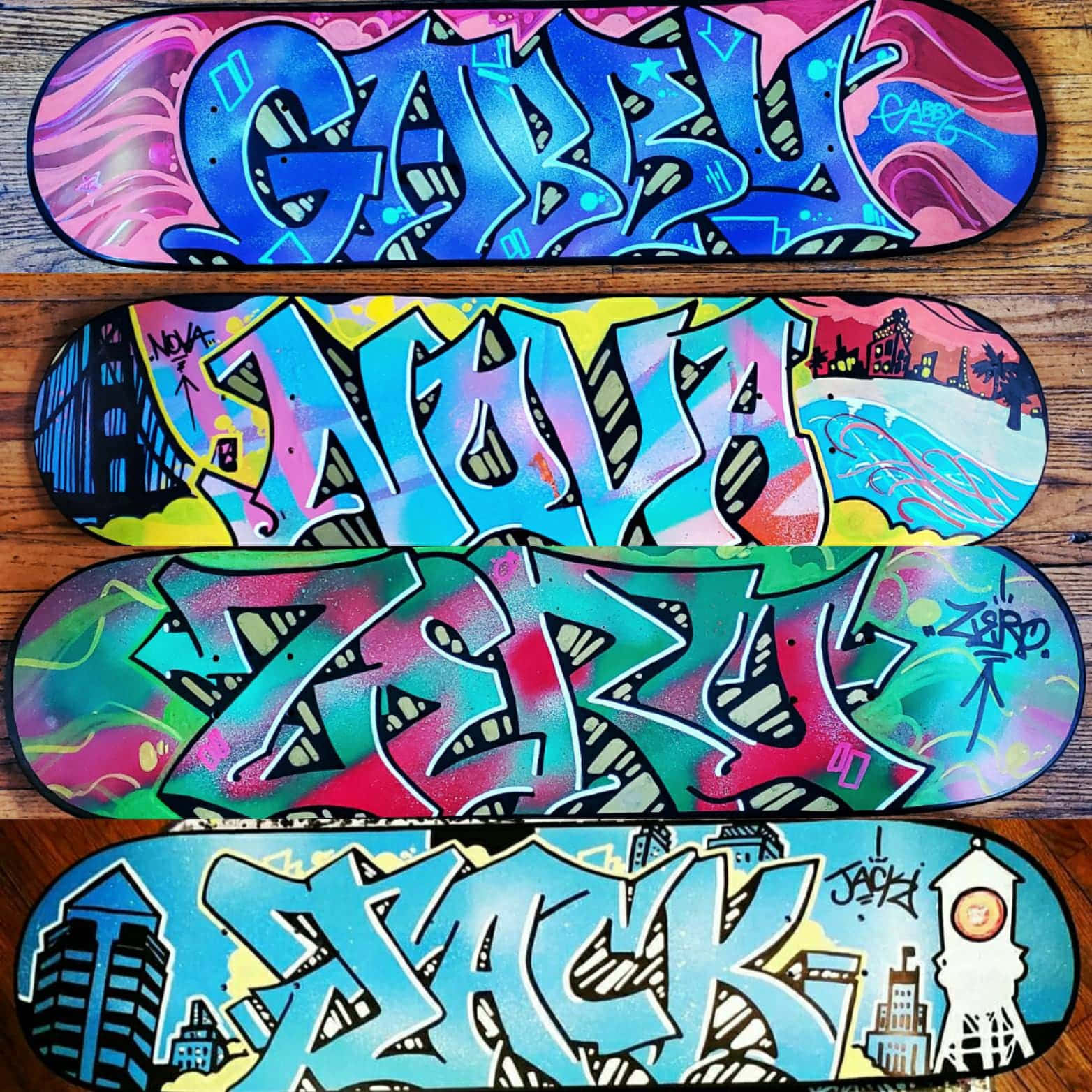 custom graffiti skateboards triptych, vibrantly painted skateboards, bold graffiti art, HD Desktop Wallpaper