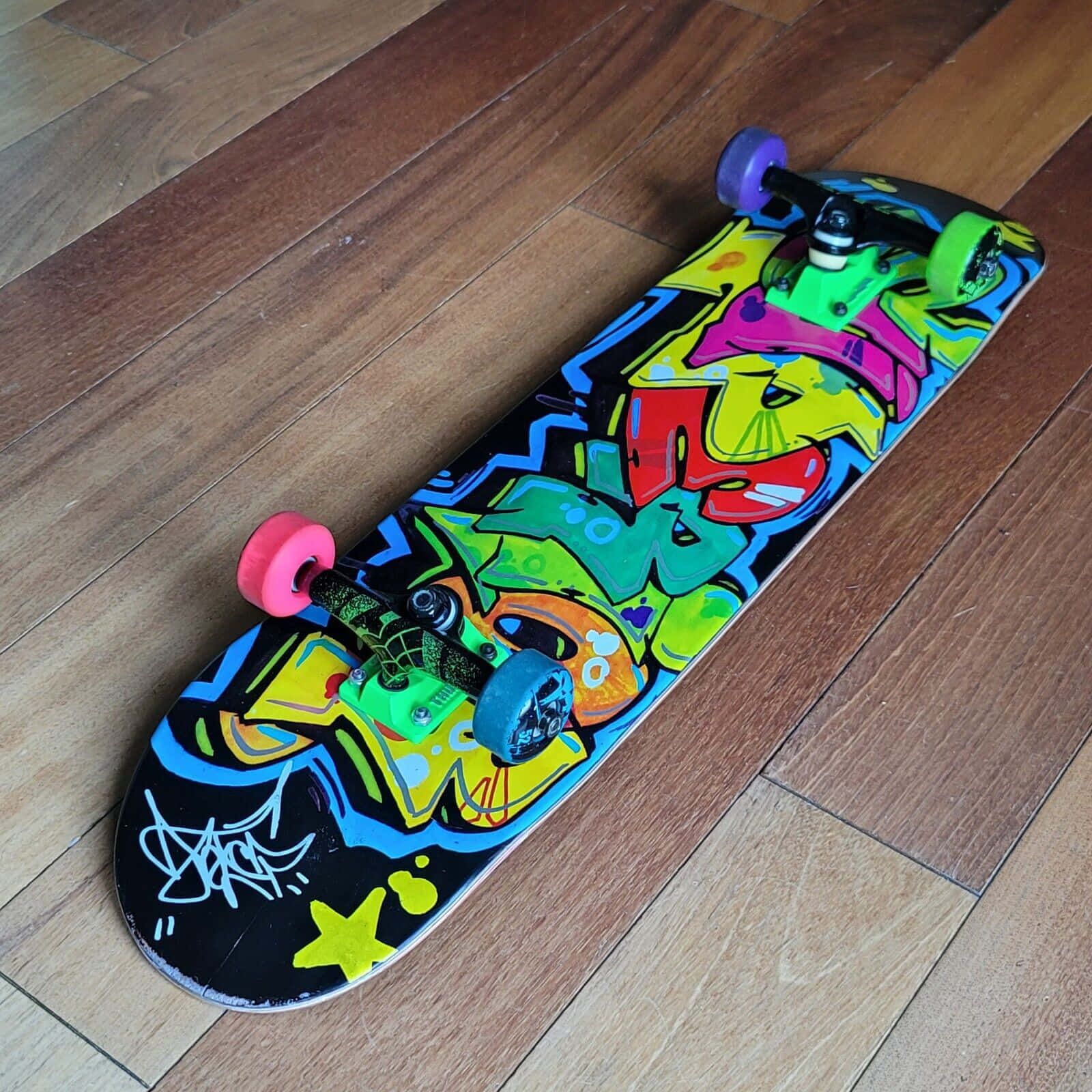 colorful graffiti art, mismatched colorful wheels, wooden floor, HD Desktop Wallpaper