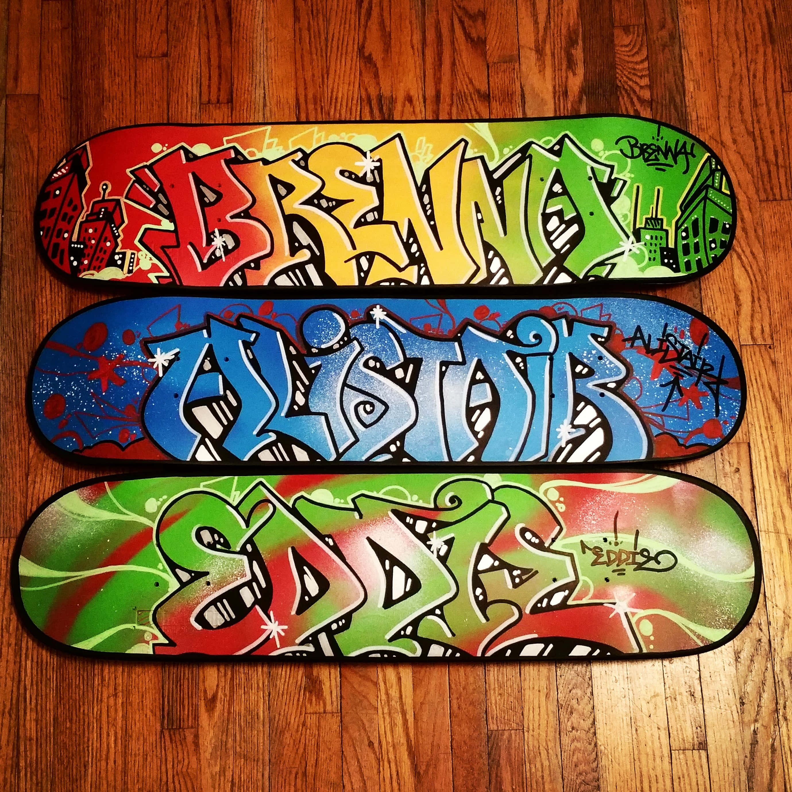 colorful graffiti skateboards, vibrantly graffiti-styled skateboards, bold names, 2K Desktop Wallpaper