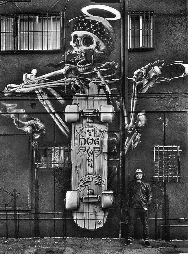 black and white graffiti skeleton, skateboard, halo, SD Phone Wallpaper