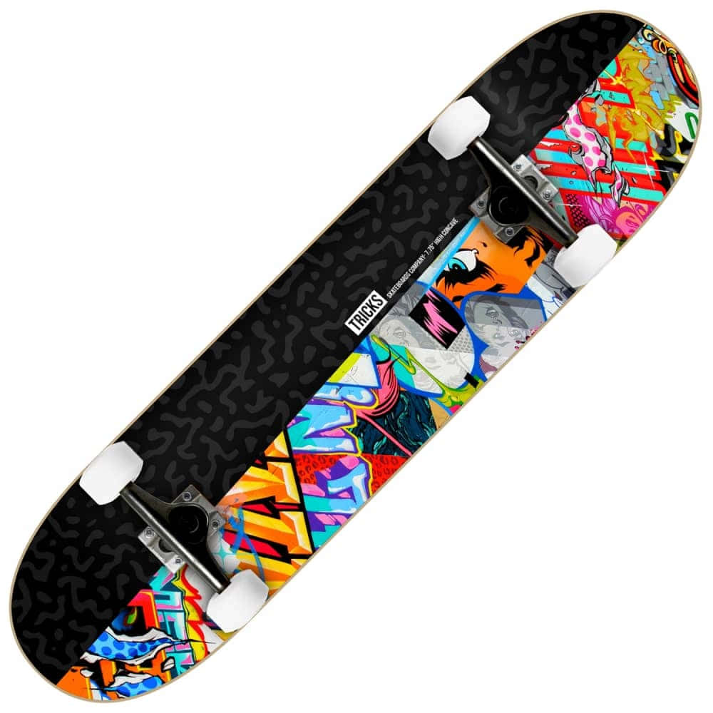 colorful graffiti skateboard design, bold colorful graphics, white wheels, SD Desktop Wallpaper