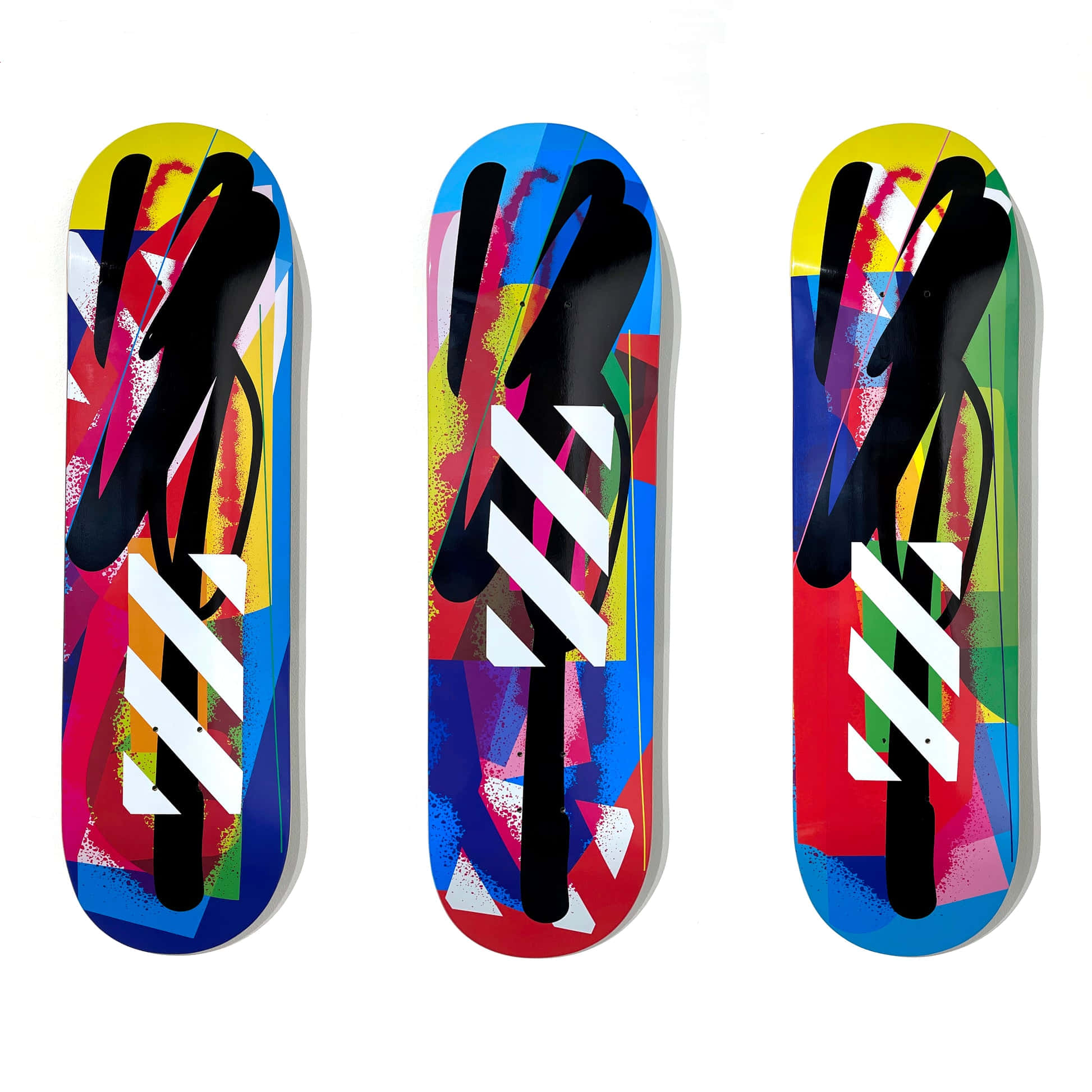 colorful graffiti skateboards triptych, three vibrant skateboard decks, abstract graffiti art, Full HD Desktop Wallpaper