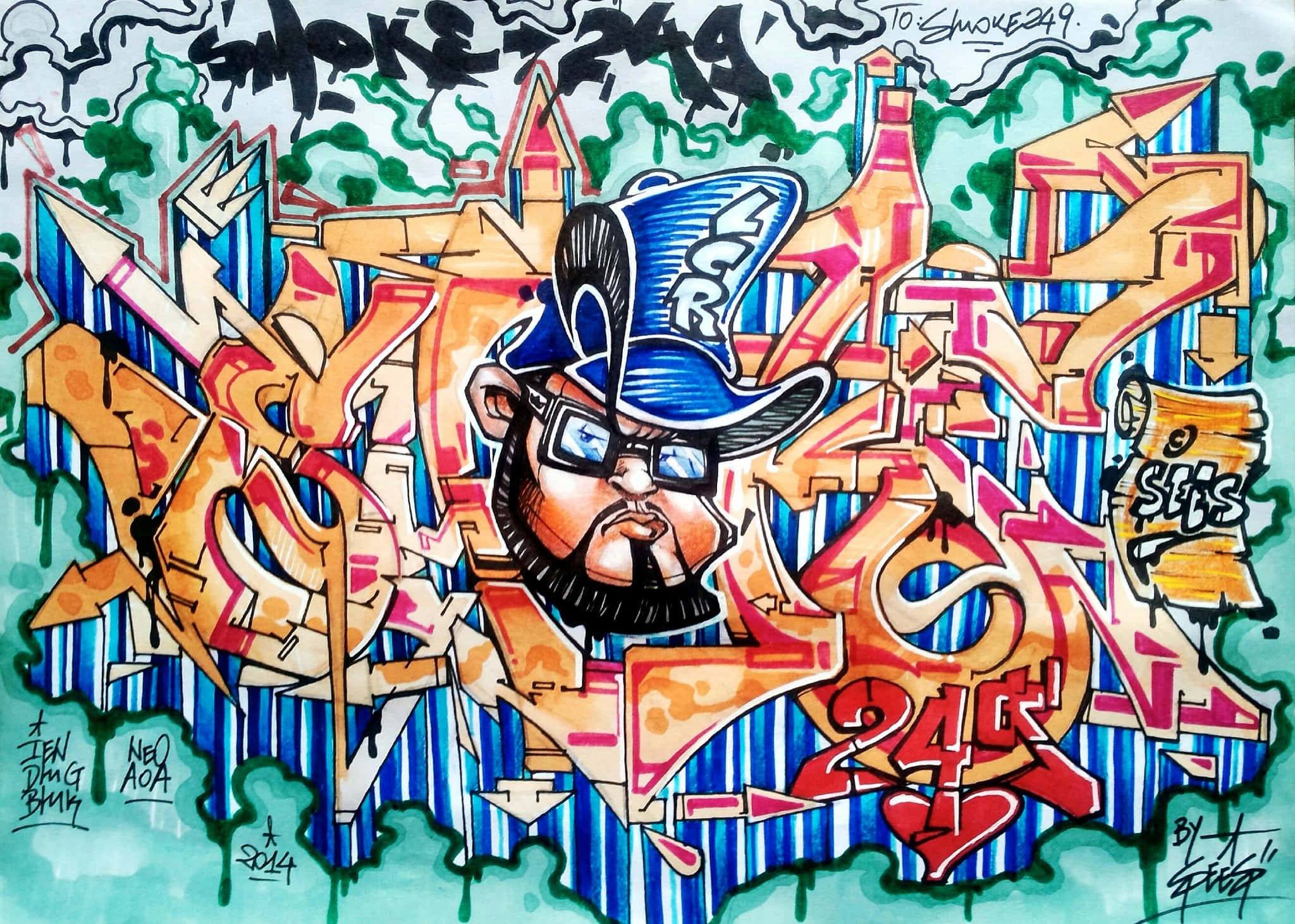 psychedelic art, cartoonish bearded man, blue hat, Full HD Desktop Wallpaper