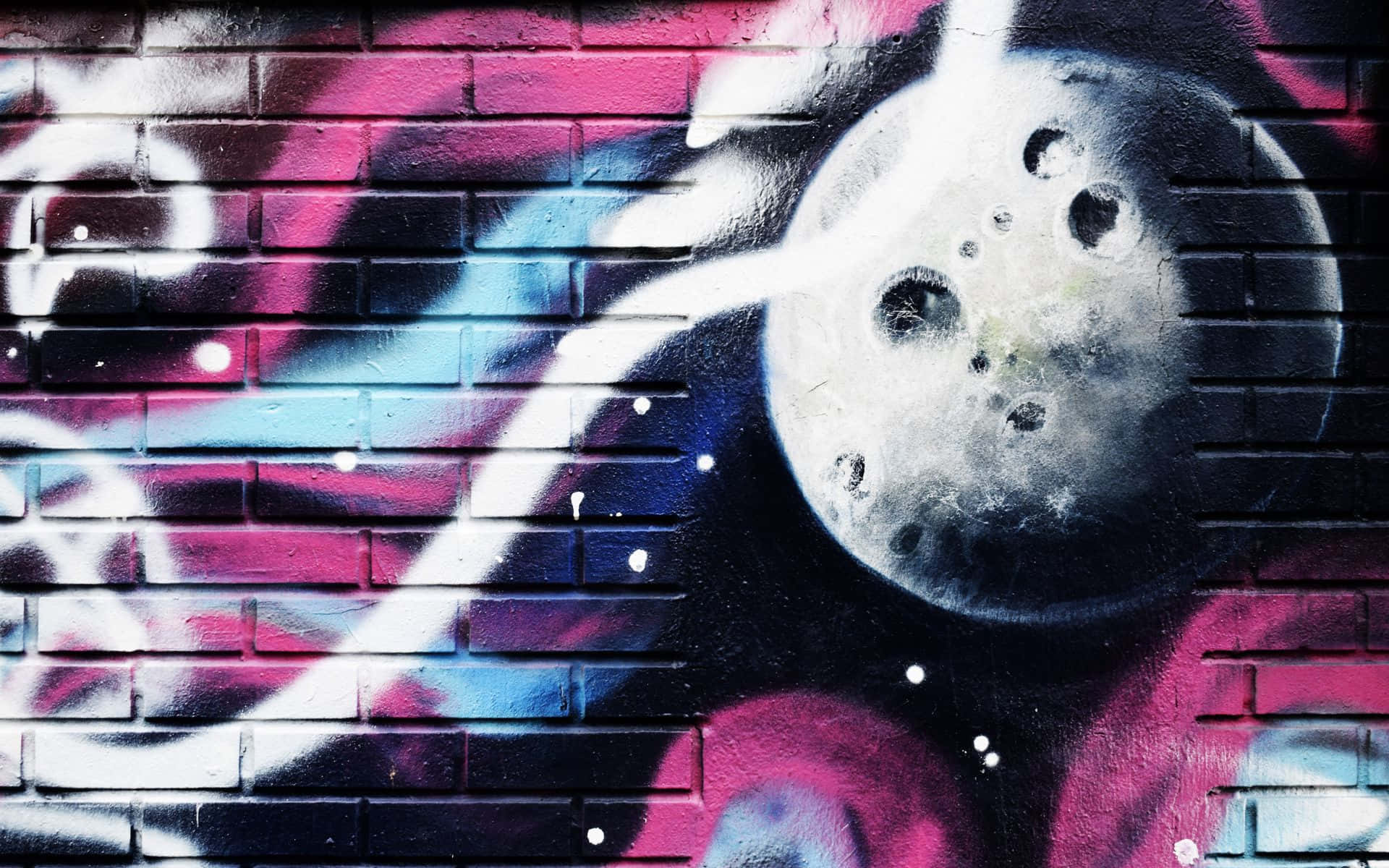 graffiti wall art in chalk, moon, brick wall, Full HD Desktop Wallpaper