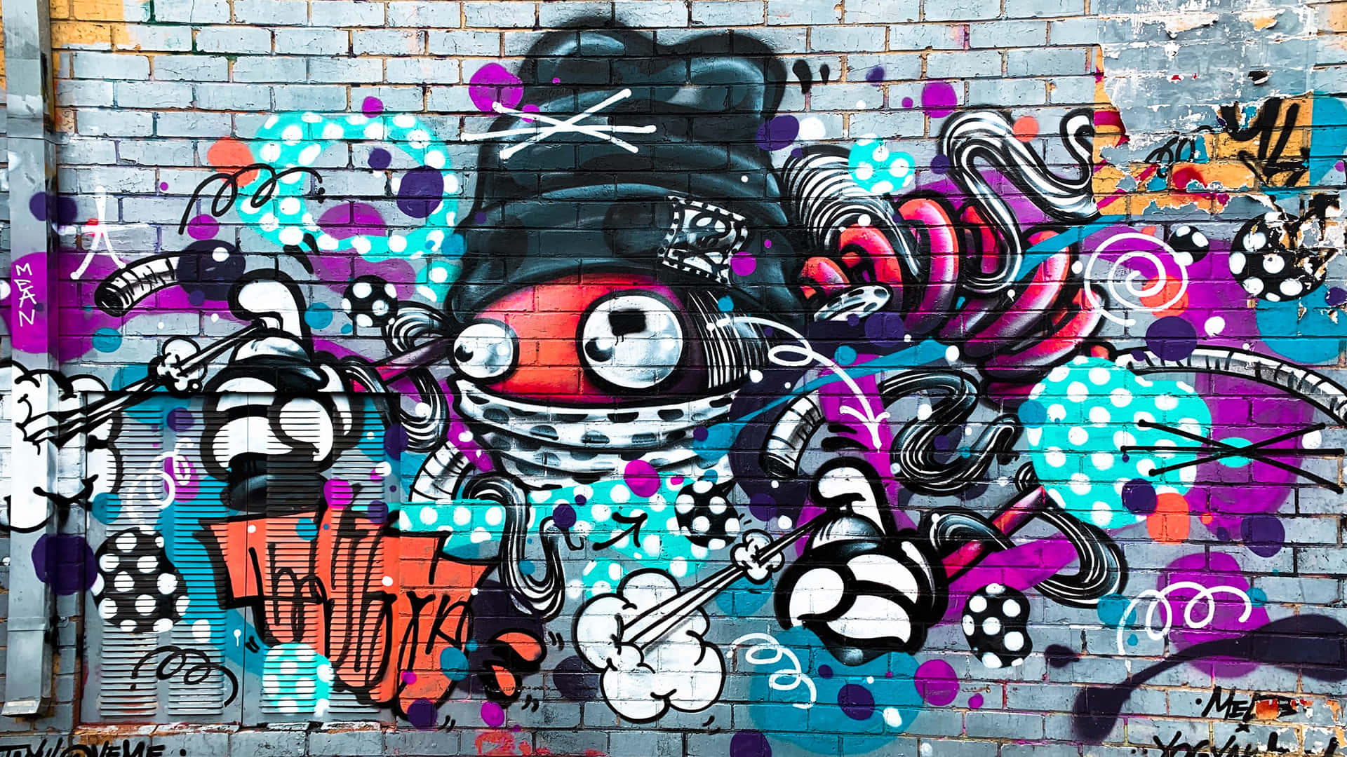 brick wall, cartoonish character, top hat, Full HD Desktop Wallpaper
