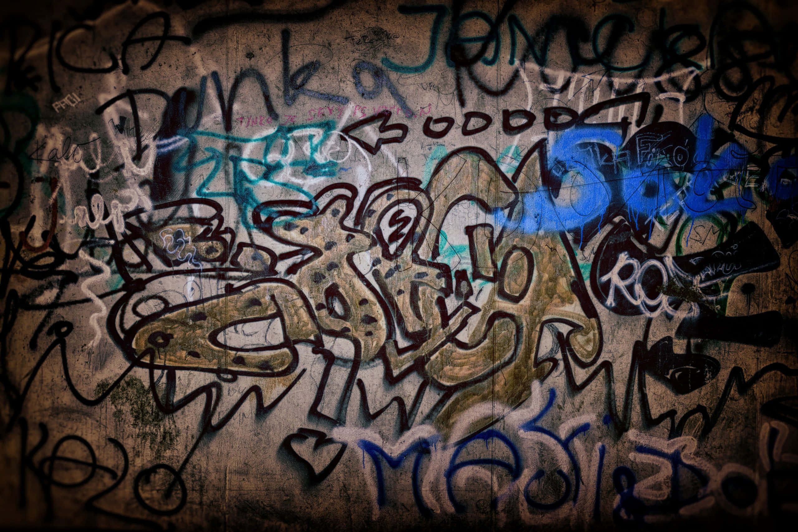 Graffiti Wall Art, blue black, gold, 2K Desktop Wallpaper