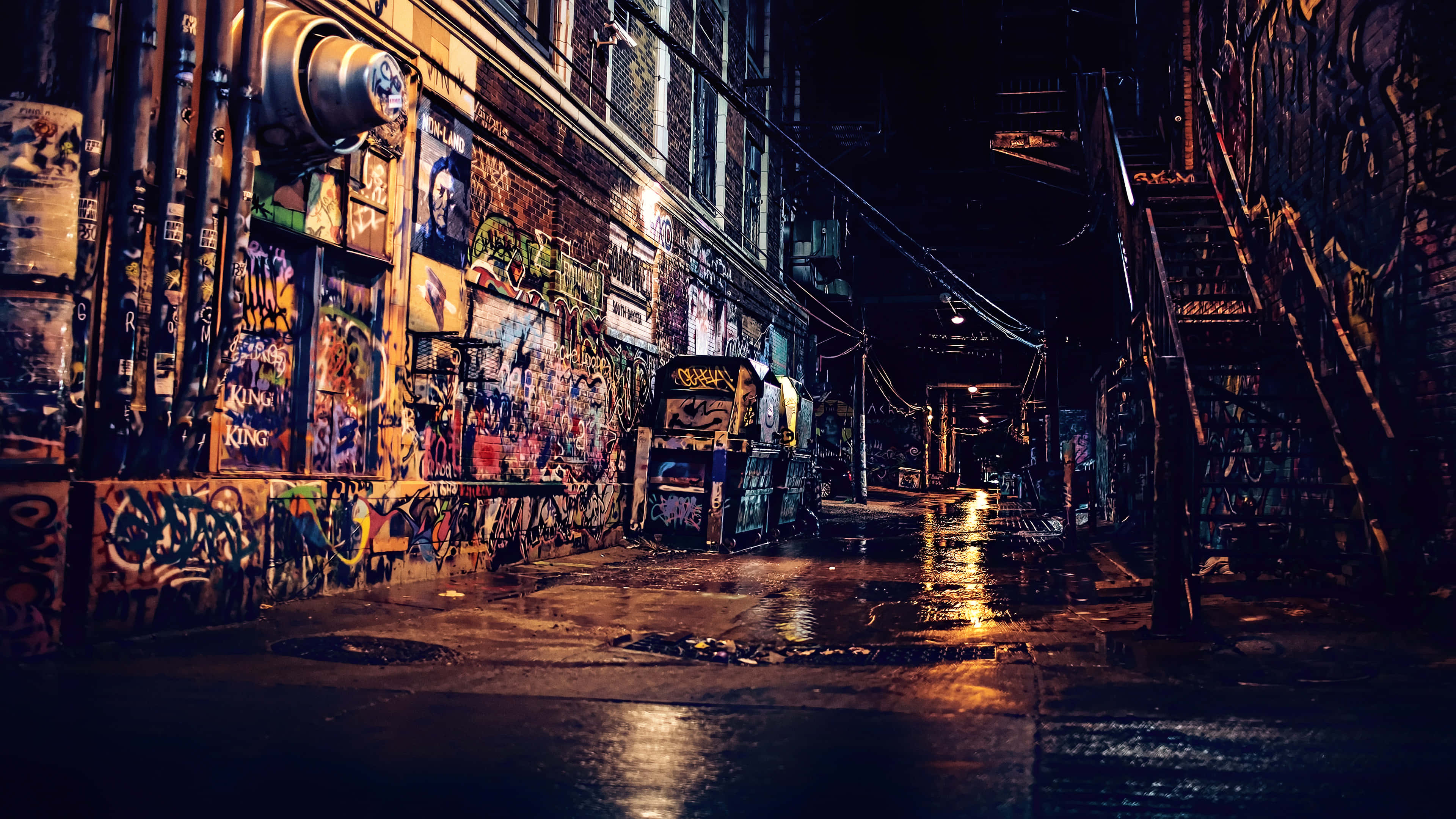 Graffiti Wall, neon reflections, brick walls, 4K Desktop Wallpaper