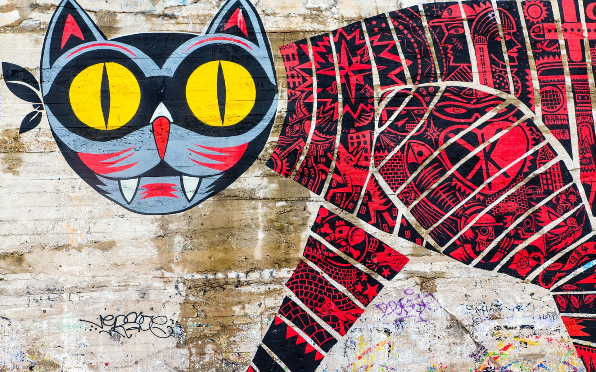 graffiti wall art, cat, yellow eyes, Full HD Desktop Wallpaper