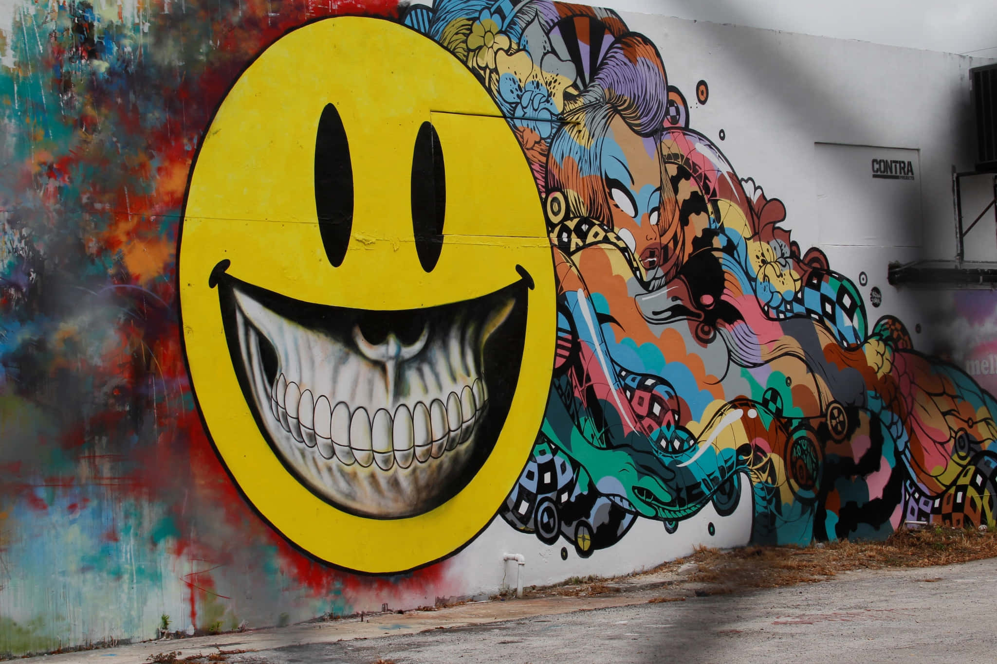 Graffiti Wall, emoji head, yellow smiley face, Full HD Desktop Wallpaper