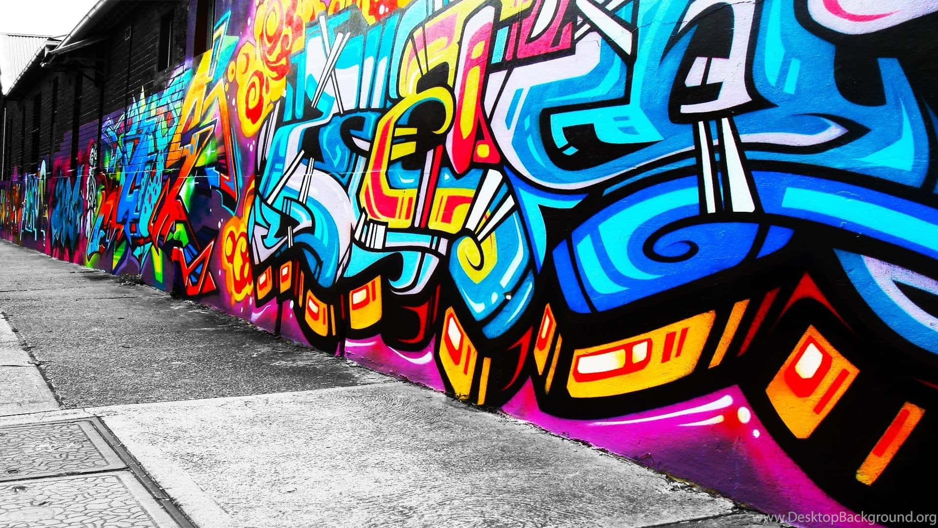 neon graffiti wall art, concrete wall, sidewalk, Full HD Desktop Wallpaper