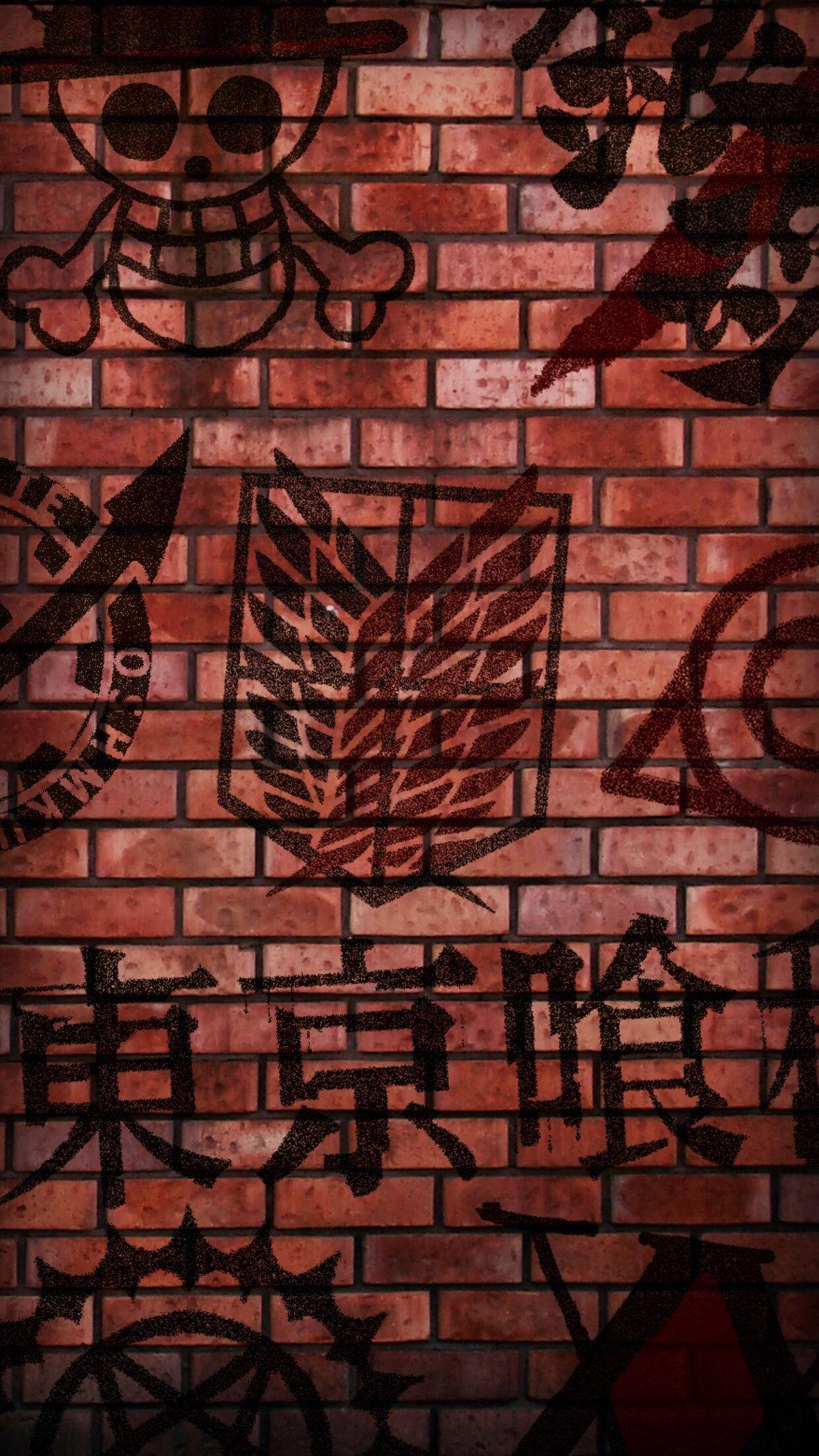 anime symbols, kanji characters, brick wall, Full HD Phone Wallpaper