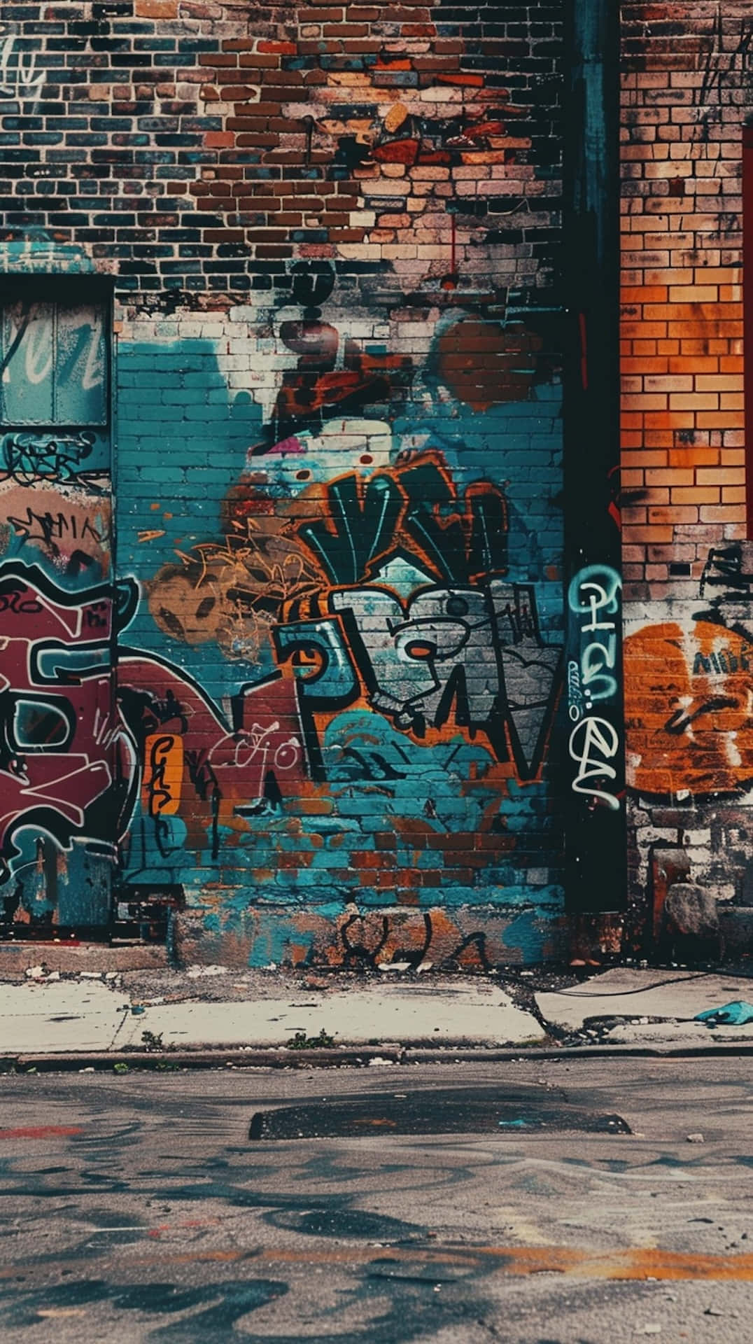 urban graffiti art wall, weathered brick wall, cracked sidewalk, Full HD Phone Wallpaper