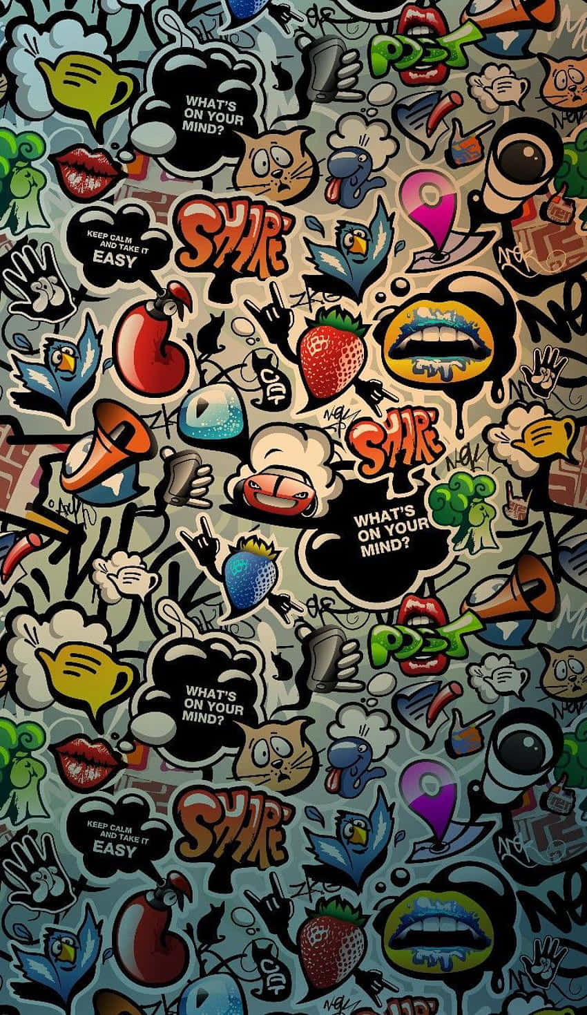 Graffiti Art Collage Wallpaper, colorful cartoon stickers, speech bubbles, HD Phone Wallpaper
