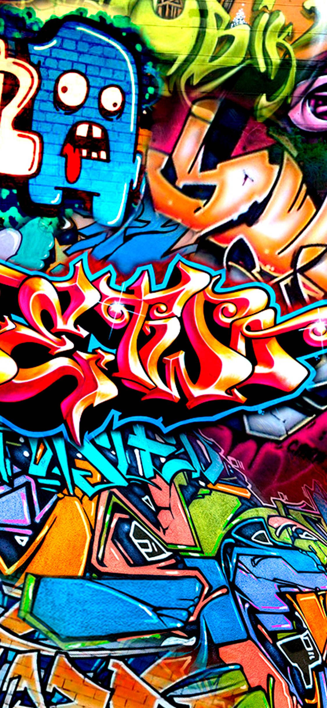 colorful classic wall graffiti, iPhone, cartoonish blue character, Full HD Phone Wallpaper