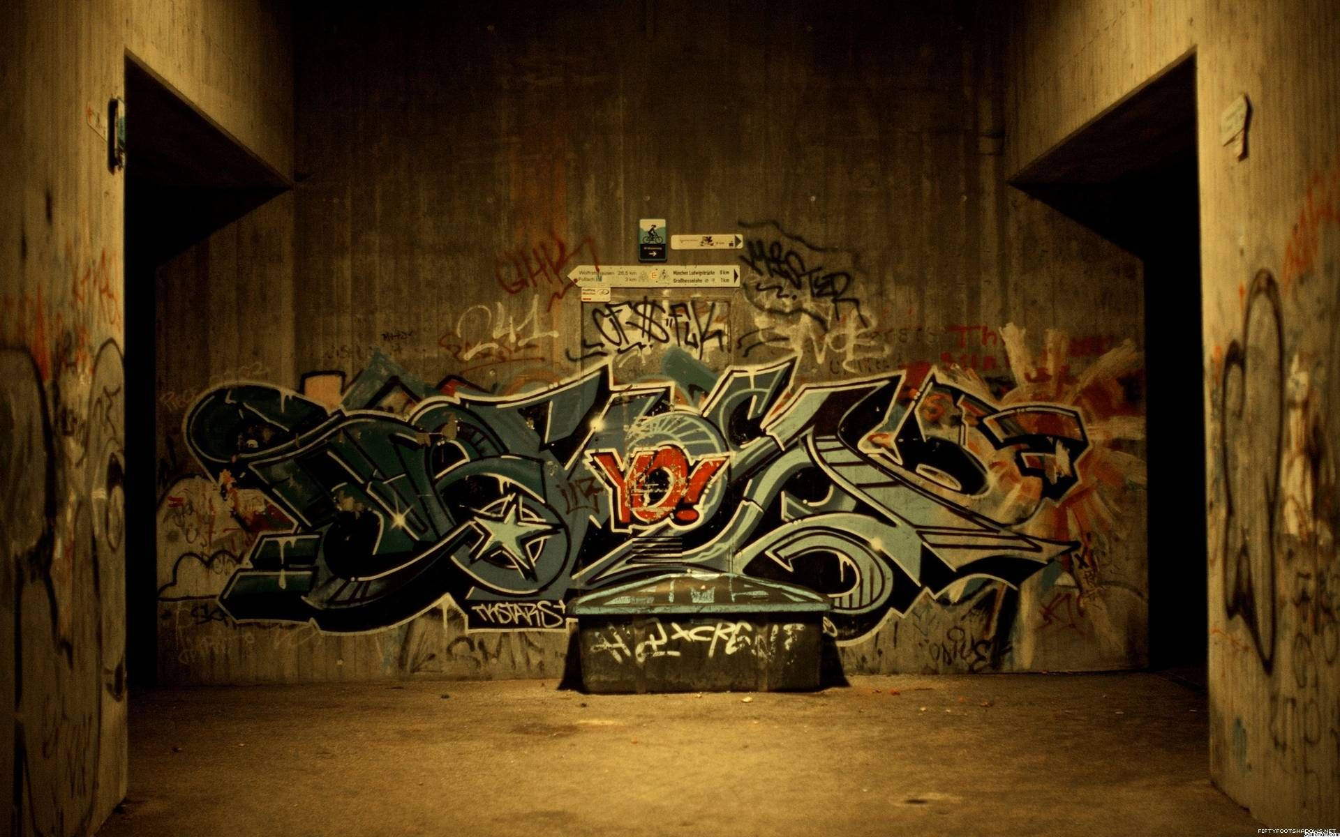 underground urban art graffiti, bold colors, dimly lit concrete tunnel, Full HD Desktop Wallpaper