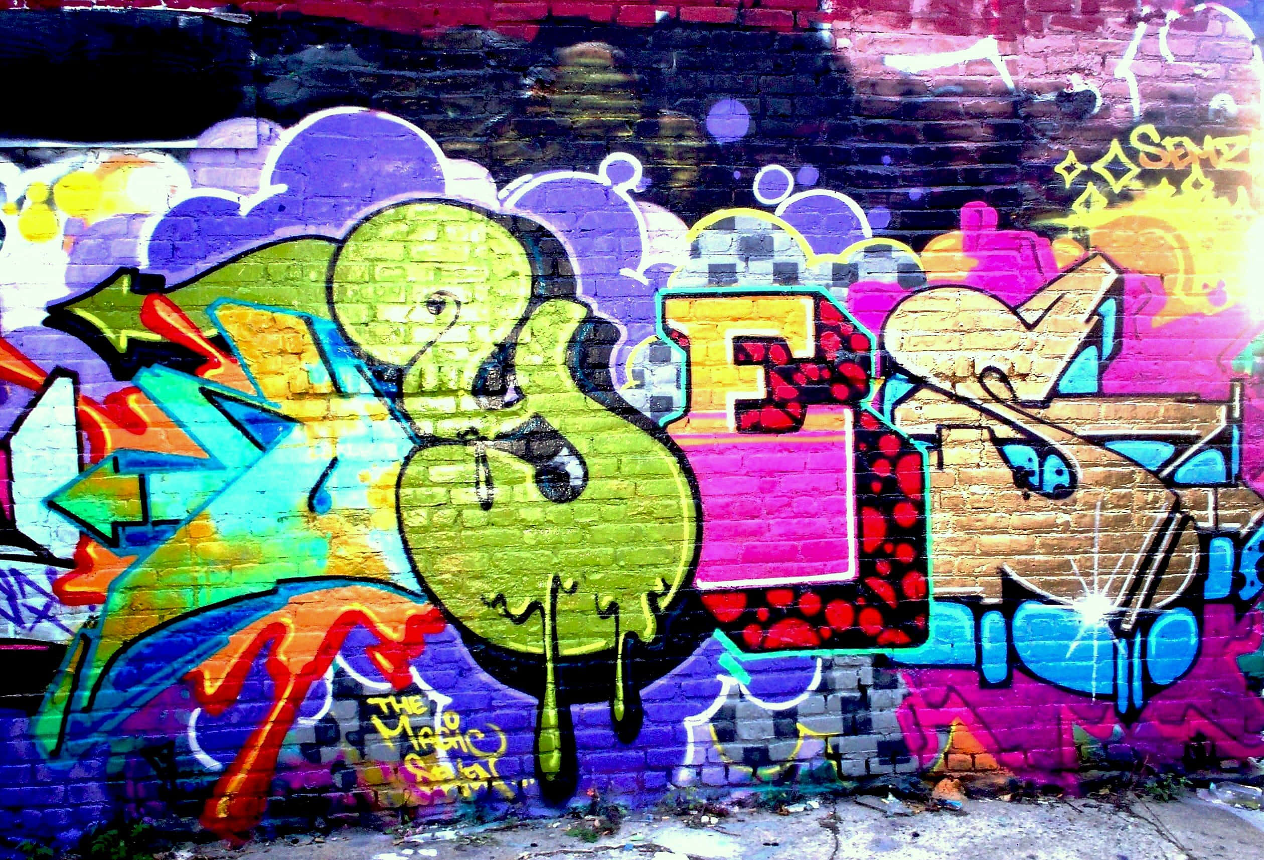 colorful graffiti wall art, YES drawing, dripping green letters, Full HD Desktop Wallpaper