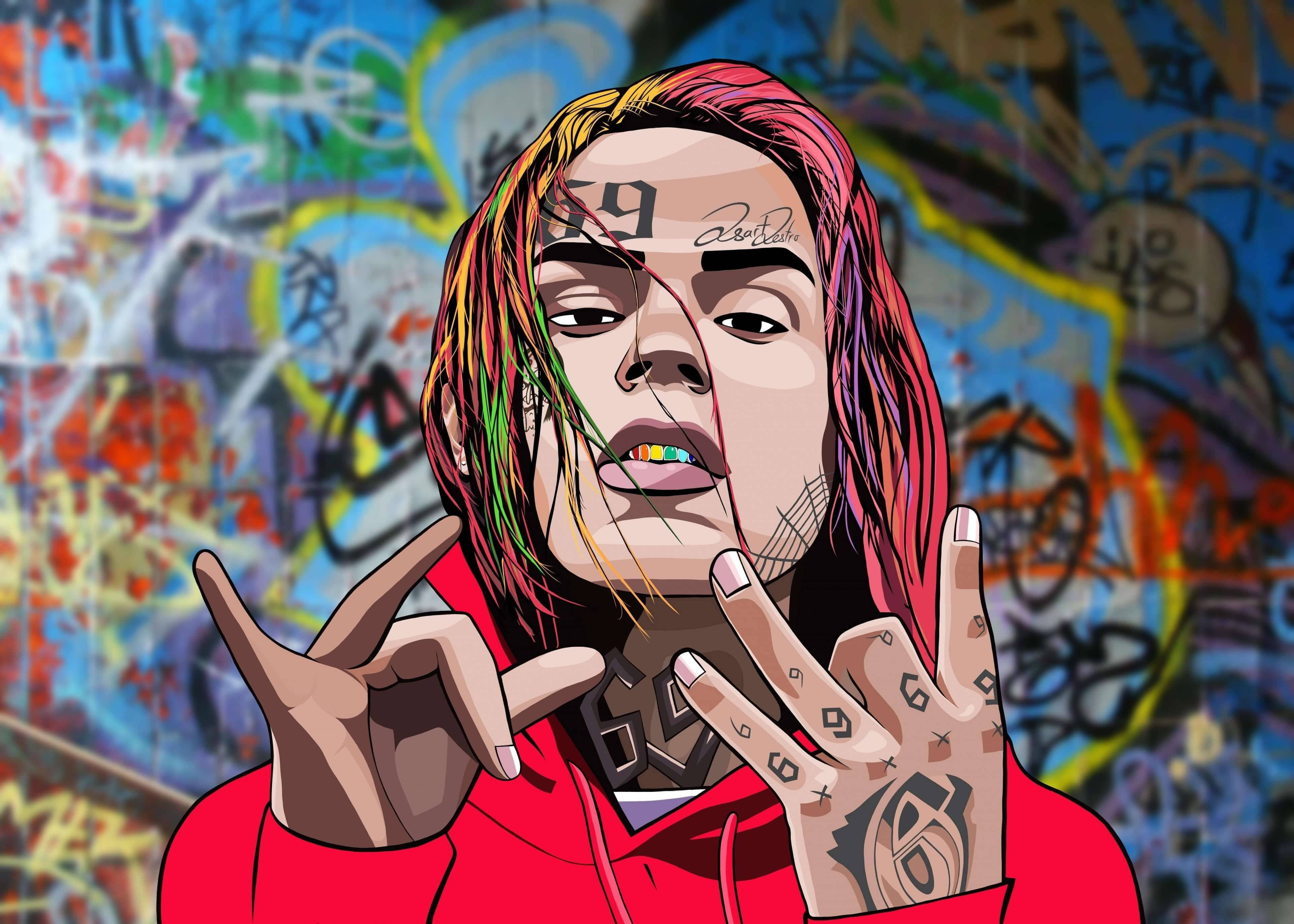 6ix9ine, rainbow hair, tattoos, 4K Desktop Wallpaper
