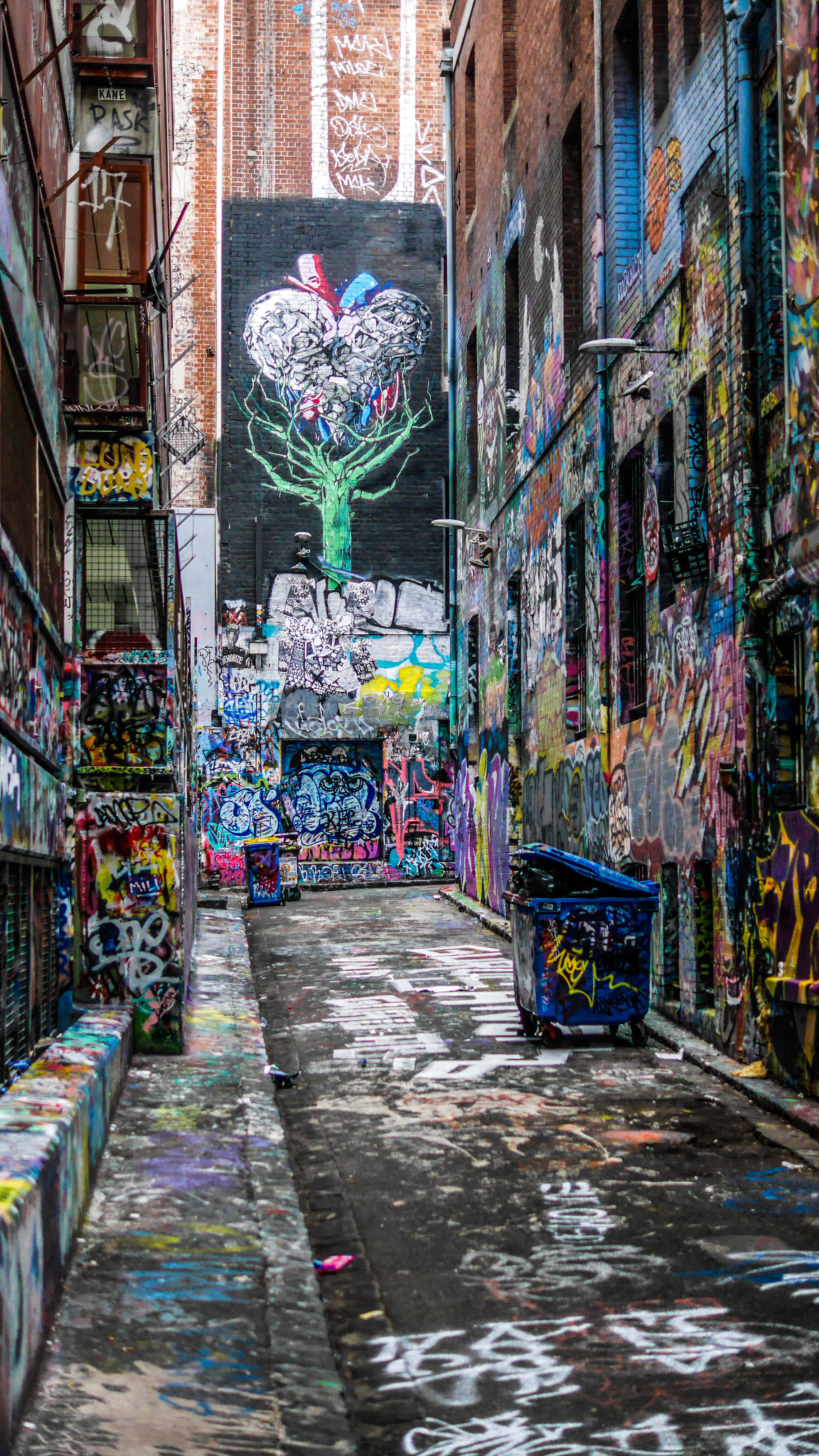 graffiti wall, narrow passageway, vibrant graffiti art, 4K Phone Wallpaper