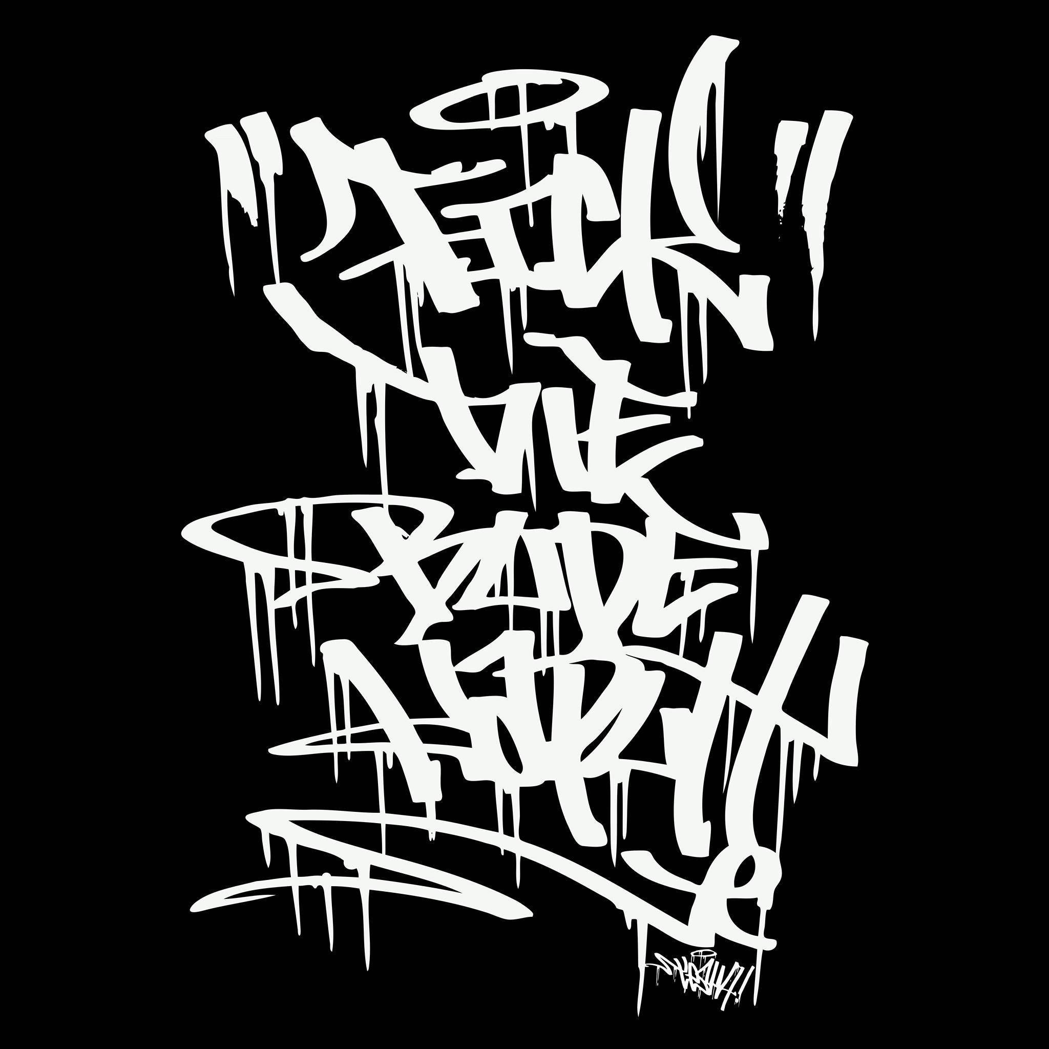black background, white graffiti-style text, chaotic urban stencil design, Full HD Desktop Wallpaper