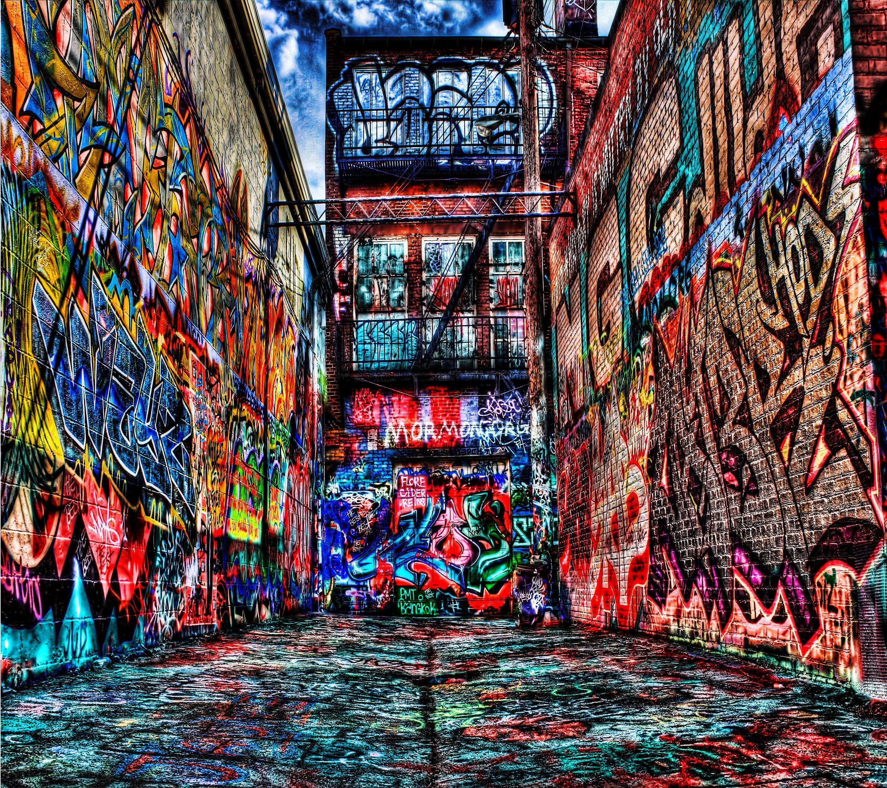 city, graffiti, brick walls, 2K Desktop Wallpaper
