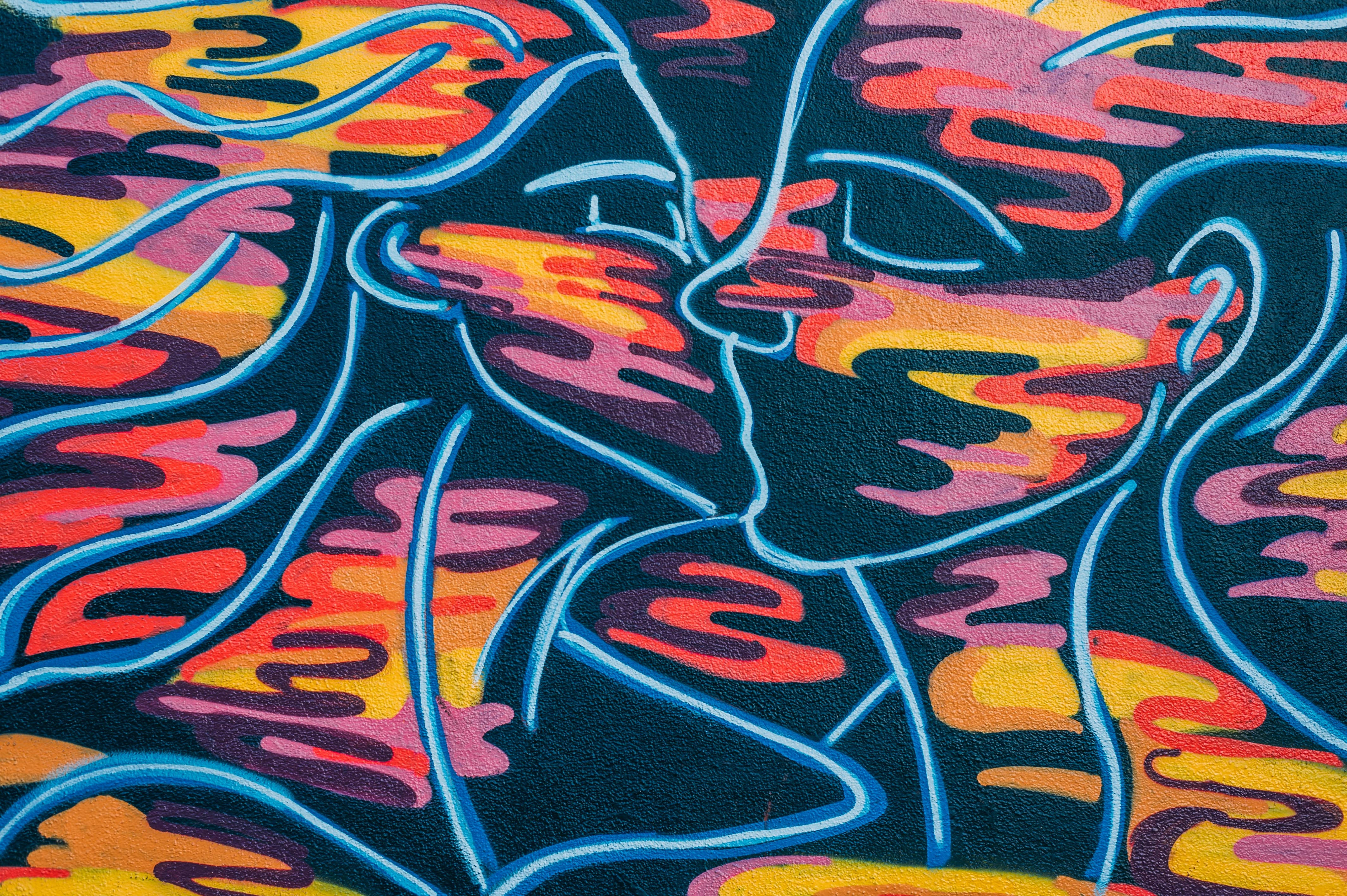 Lovers kissing graffiti art, Romantic Love Immortalized Through Graffiti Art, neon colors, 4K Desktop Wallpaper