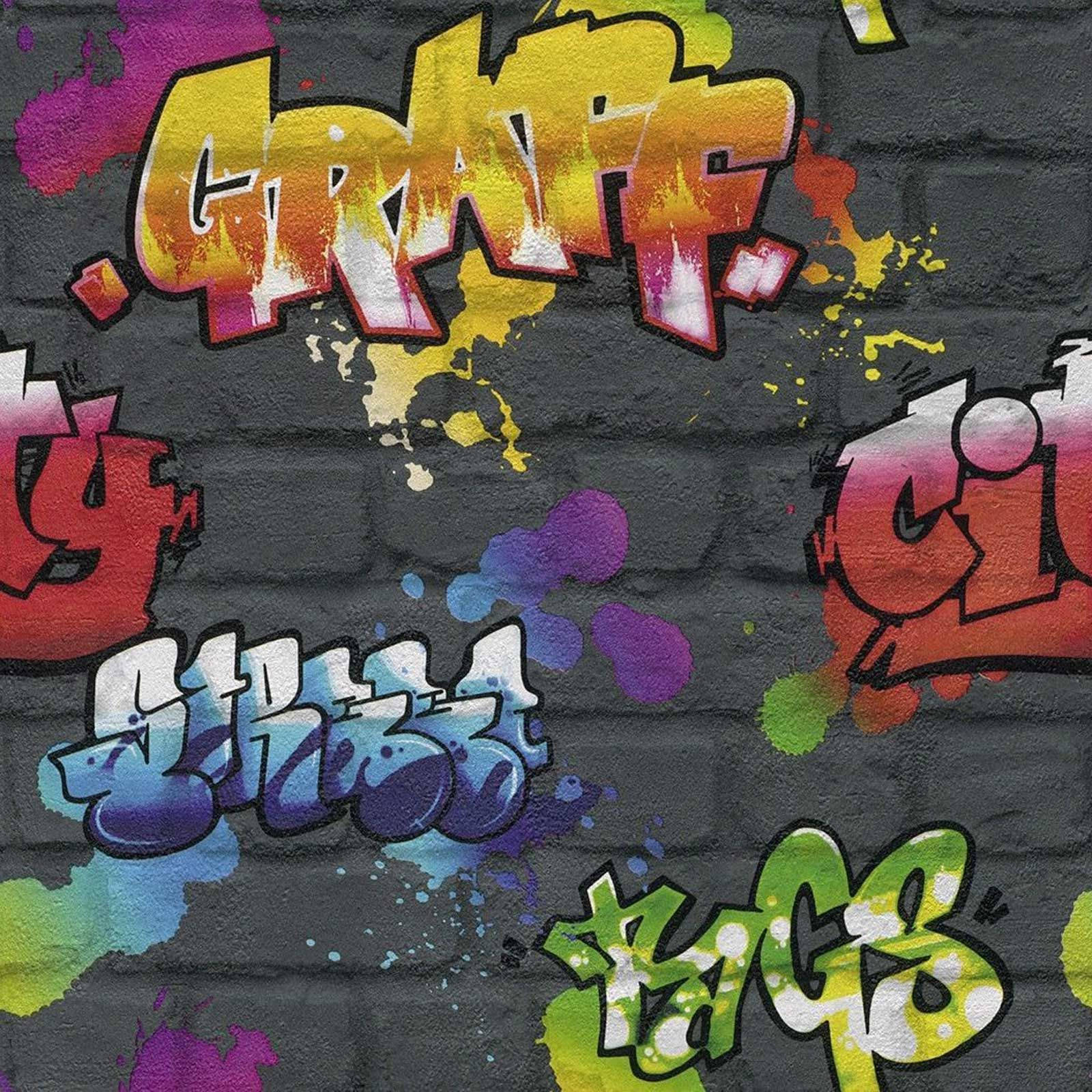 graffiti, bold colors, dark gray brick wall, HD Desktop Wallpaper