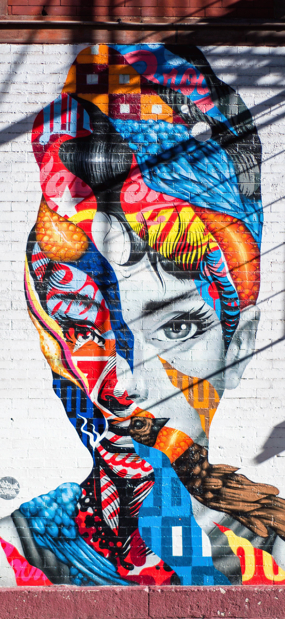 colorful portrait graffiti, woman's face, white brick wall, Full HD Phone Wallpaper