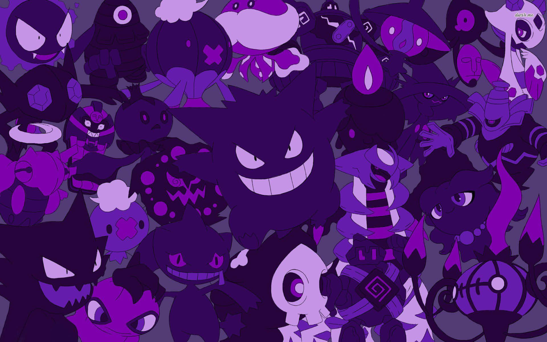 Purple Anime Ghost Pokemon, purple-hued Pokémon ghosts, glowing eyes, Full HD Desktop Wallpaper