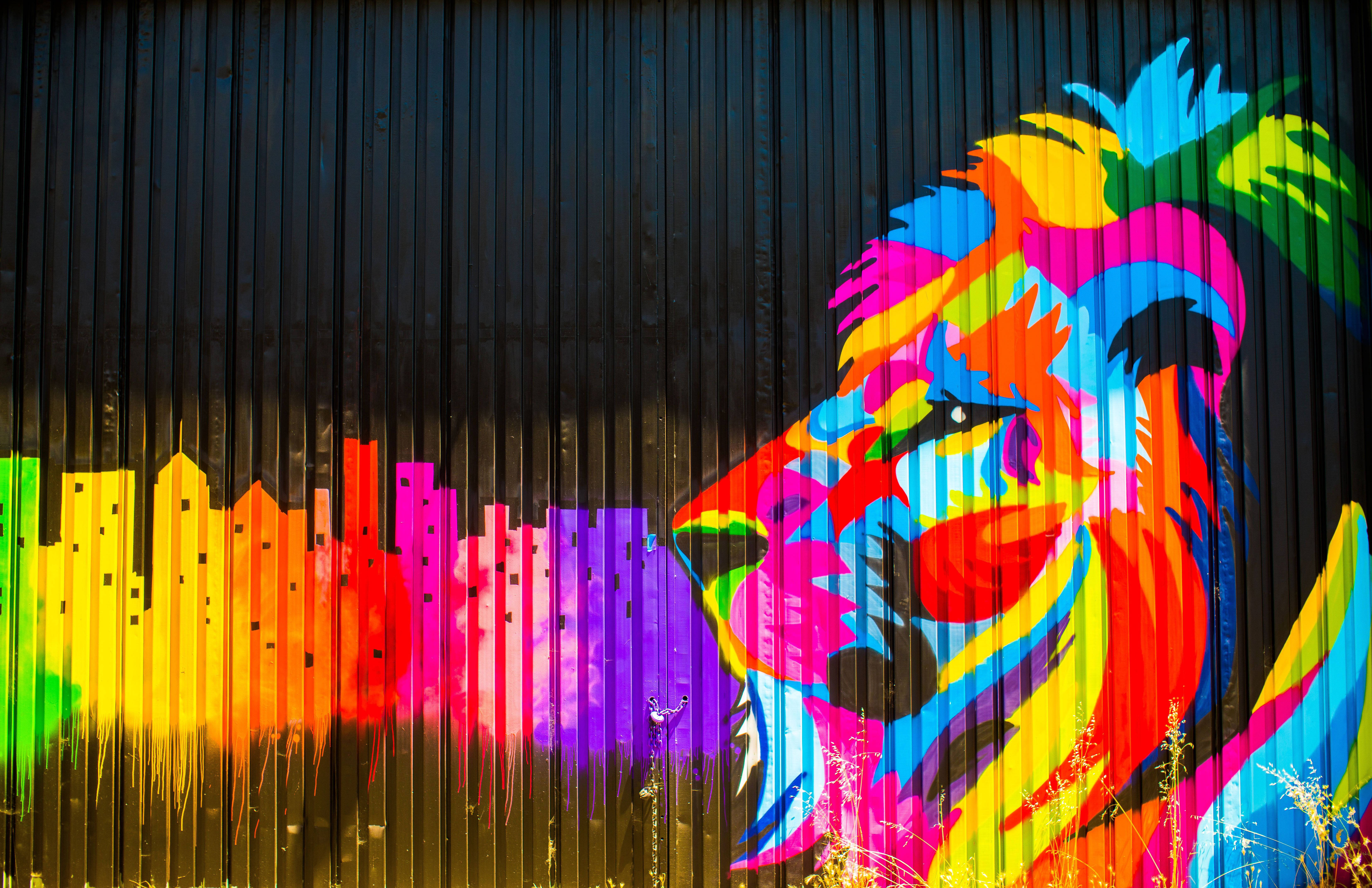 colorful lion graffiti, lion's head, rainbow cityscape, 5K Desktop Wallpaper