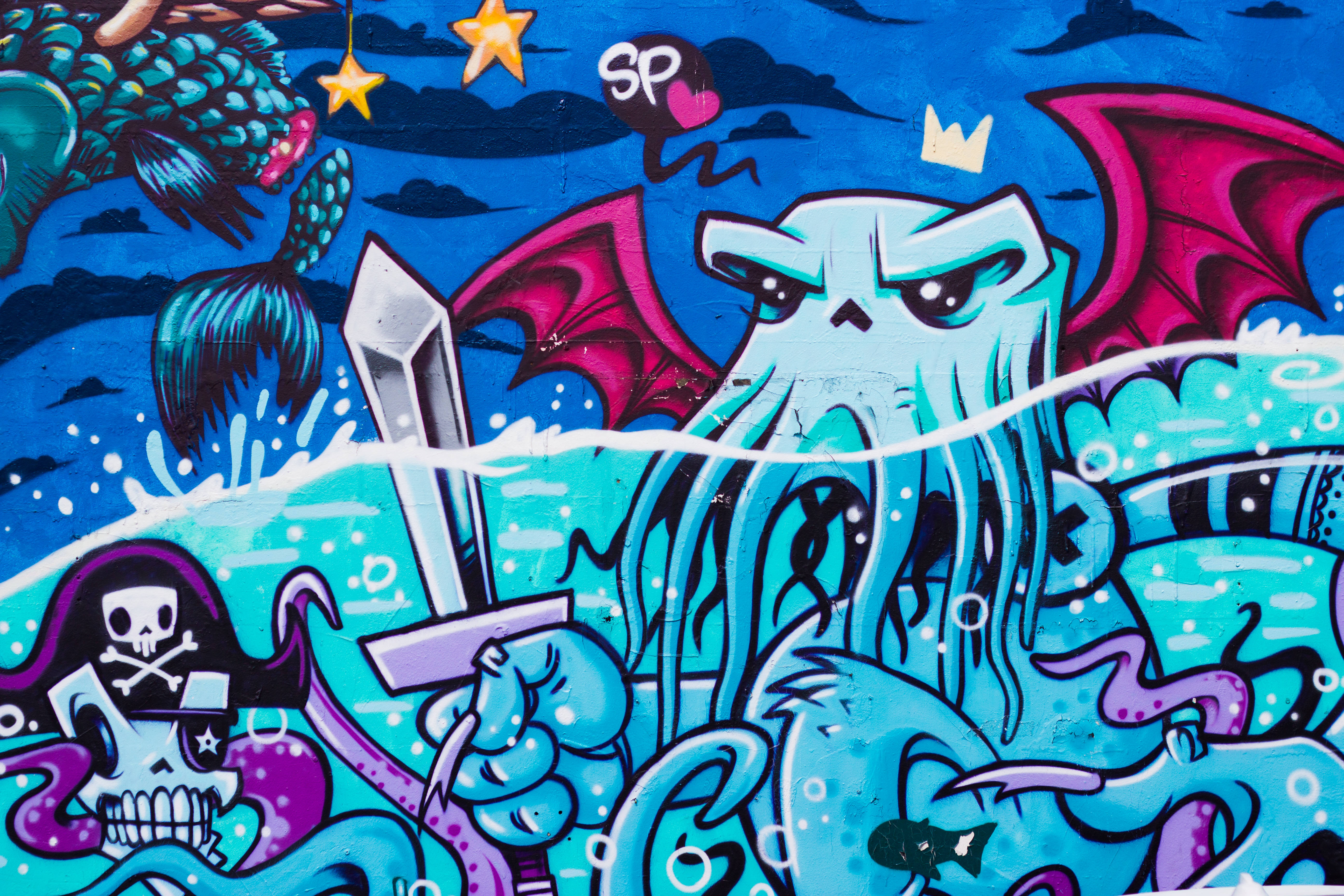 blue octopus, red wings, sword, 5K Desktop Wallpaper