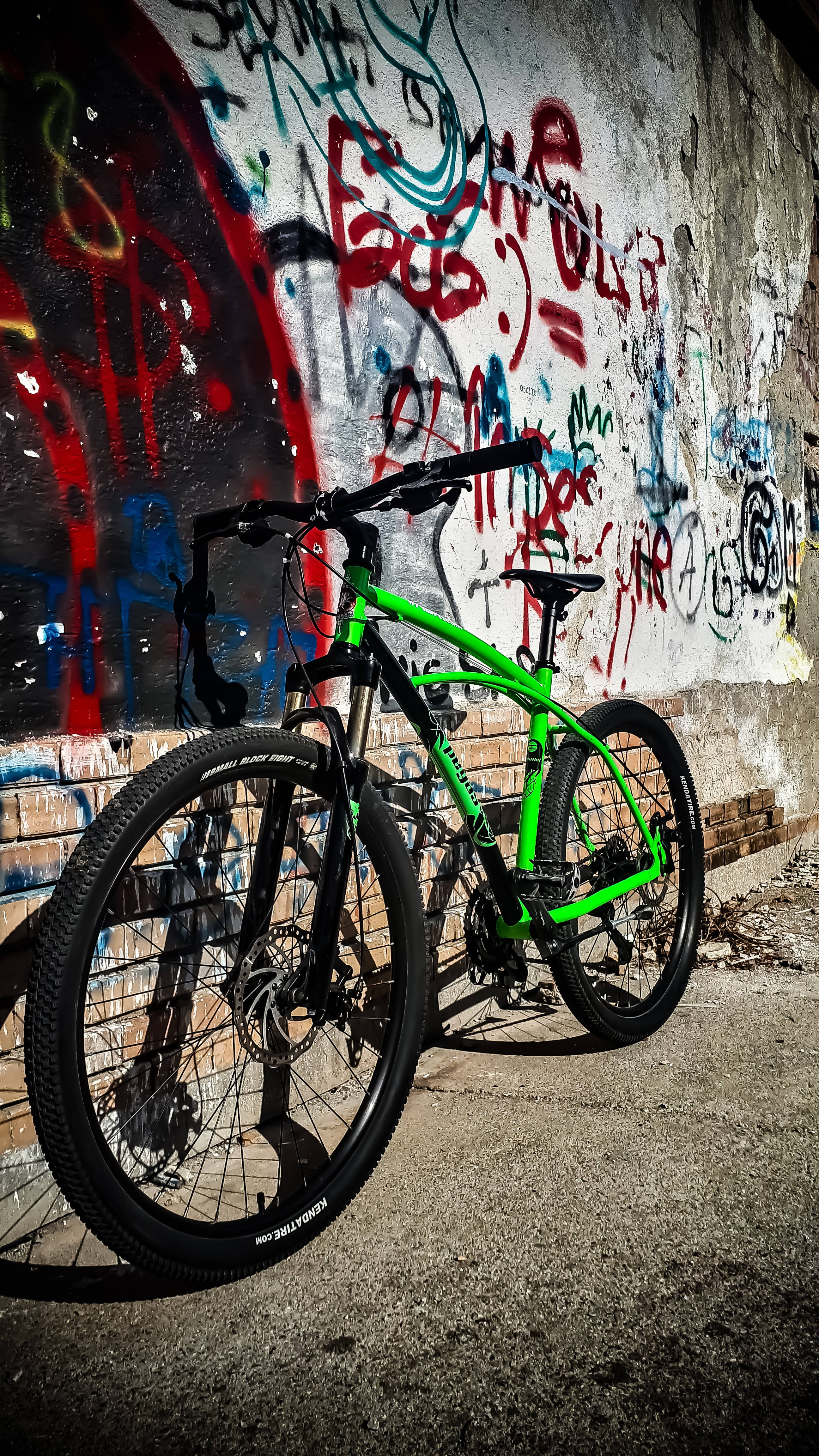 vibrant green mountain bike, graffiti-covered wall, urban alleyway, 4K Phone Wallpaper