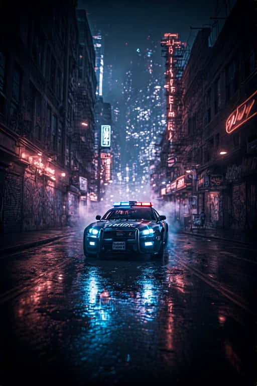 futuristic police car, neon lit alleyway, cyberpunk city, SD Phone Wallpaper