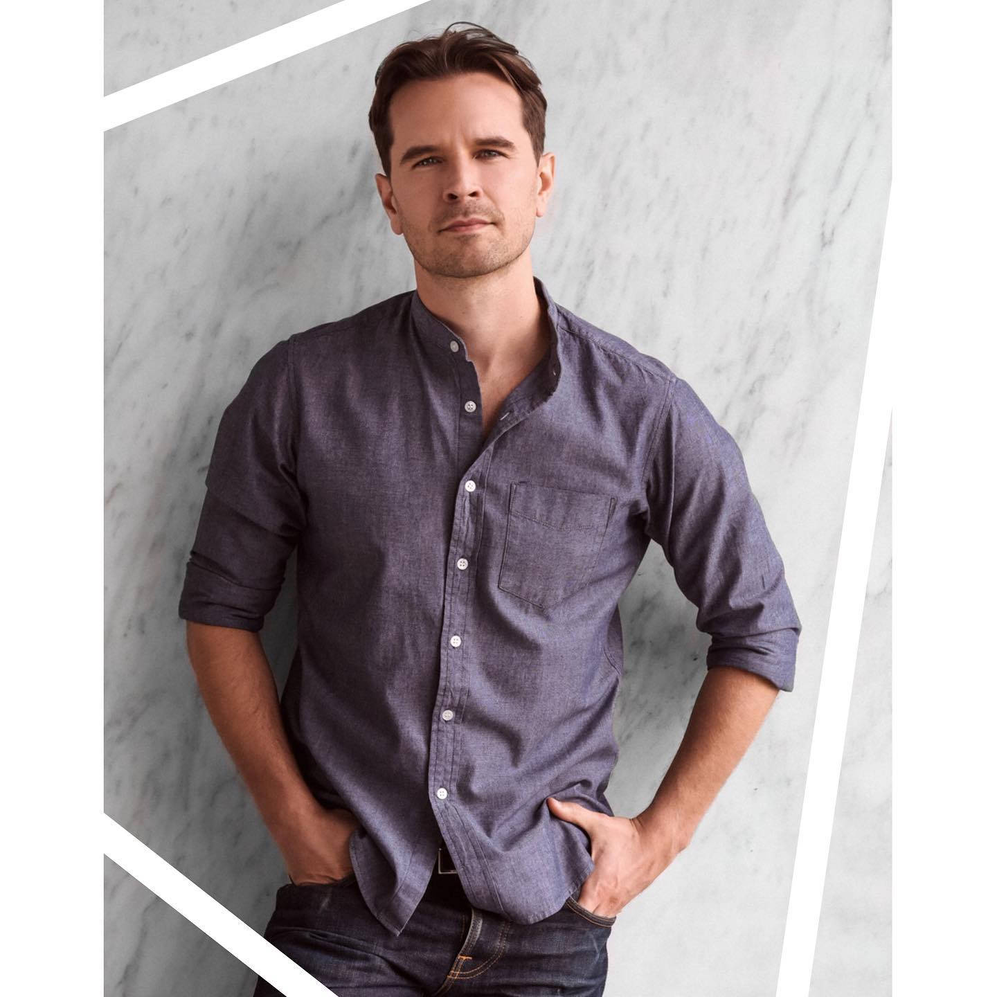 Graham Wardle, gray tone photoshoot, dark blue button-up shirt, HD Desktop Wallpaper